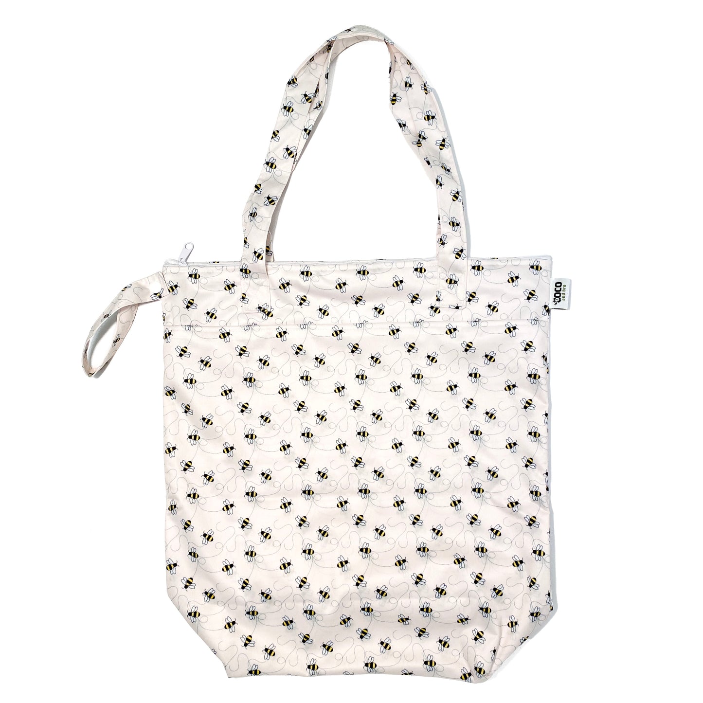 A zipped tote bag, made from bamboo fibres in a bumble bee design, featuring two zipped sections and a handy loop tab to easily roll up the bag for storage. Image shows the bag upright with handles showing.