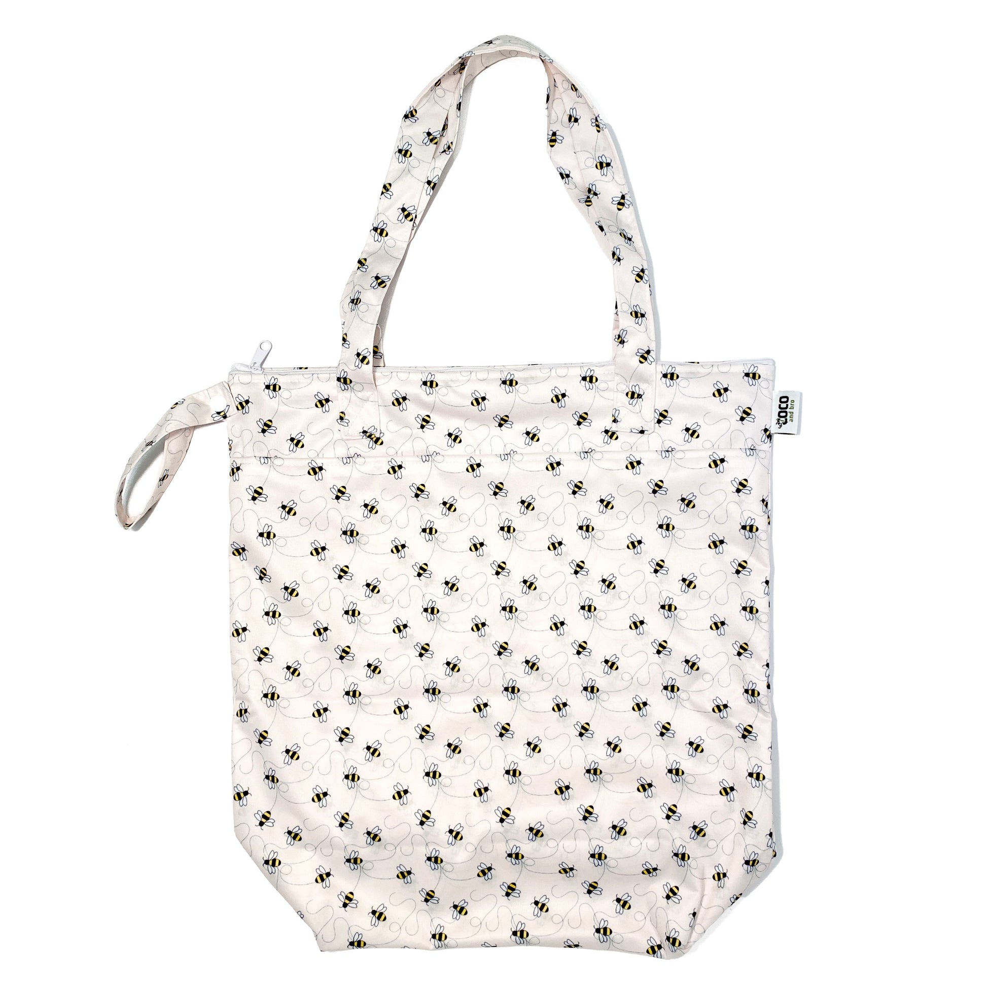 A zipped tote bag, made from bamboo fibres in a bumble bee design, featuring two zipped sections and a handy loop tab to easily roll up the bag for storage. Image shows the bag upright with handles showing.