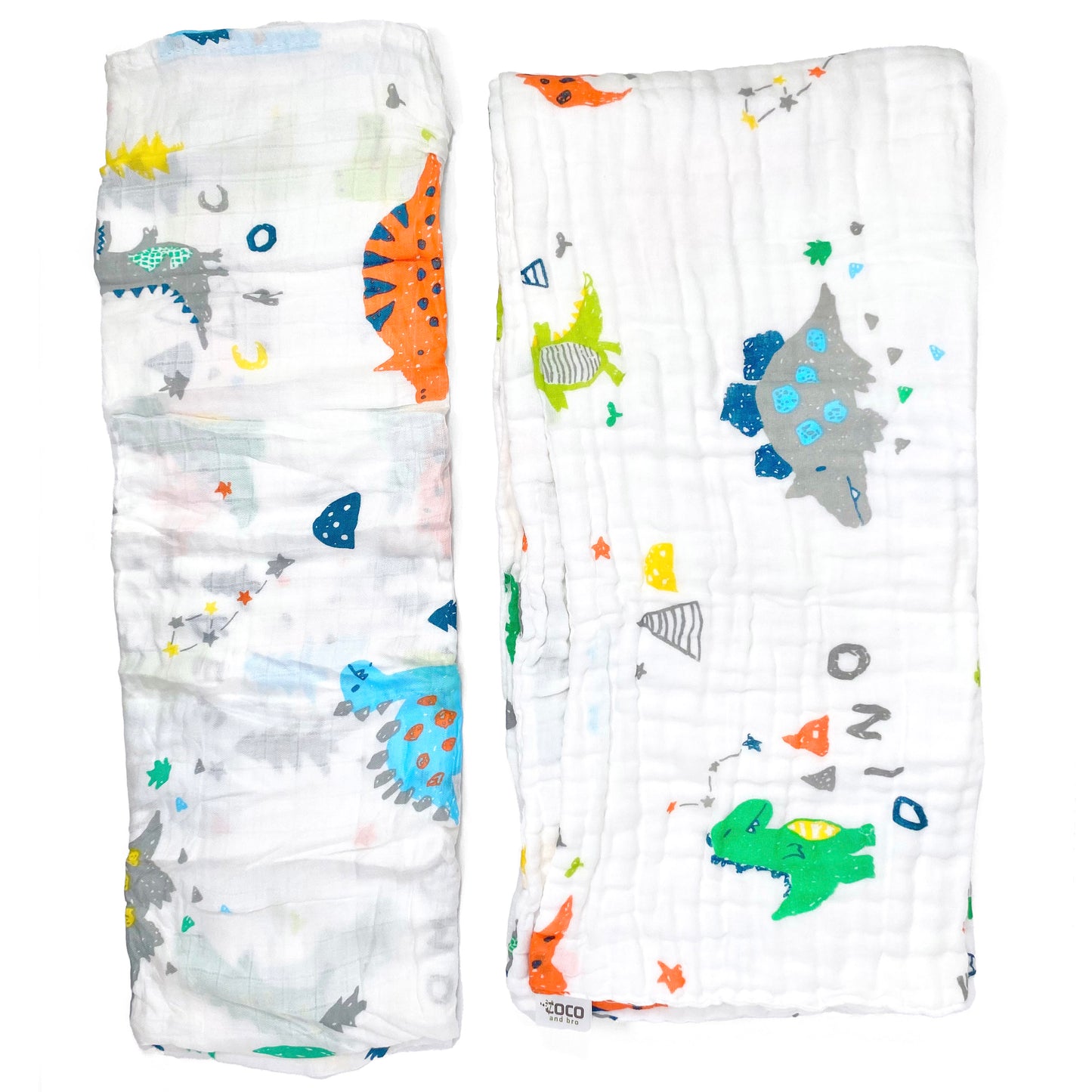 A set of two muslin baby blankets, one light swaddle blanket and one thick buggy blanket, with dinosaur crocodile designs.