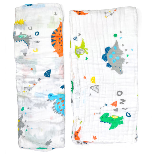 A set of two muslin baby blankets, one light swaddle blanket and one thick buggy blanket, with dinosaur crocodile designs.