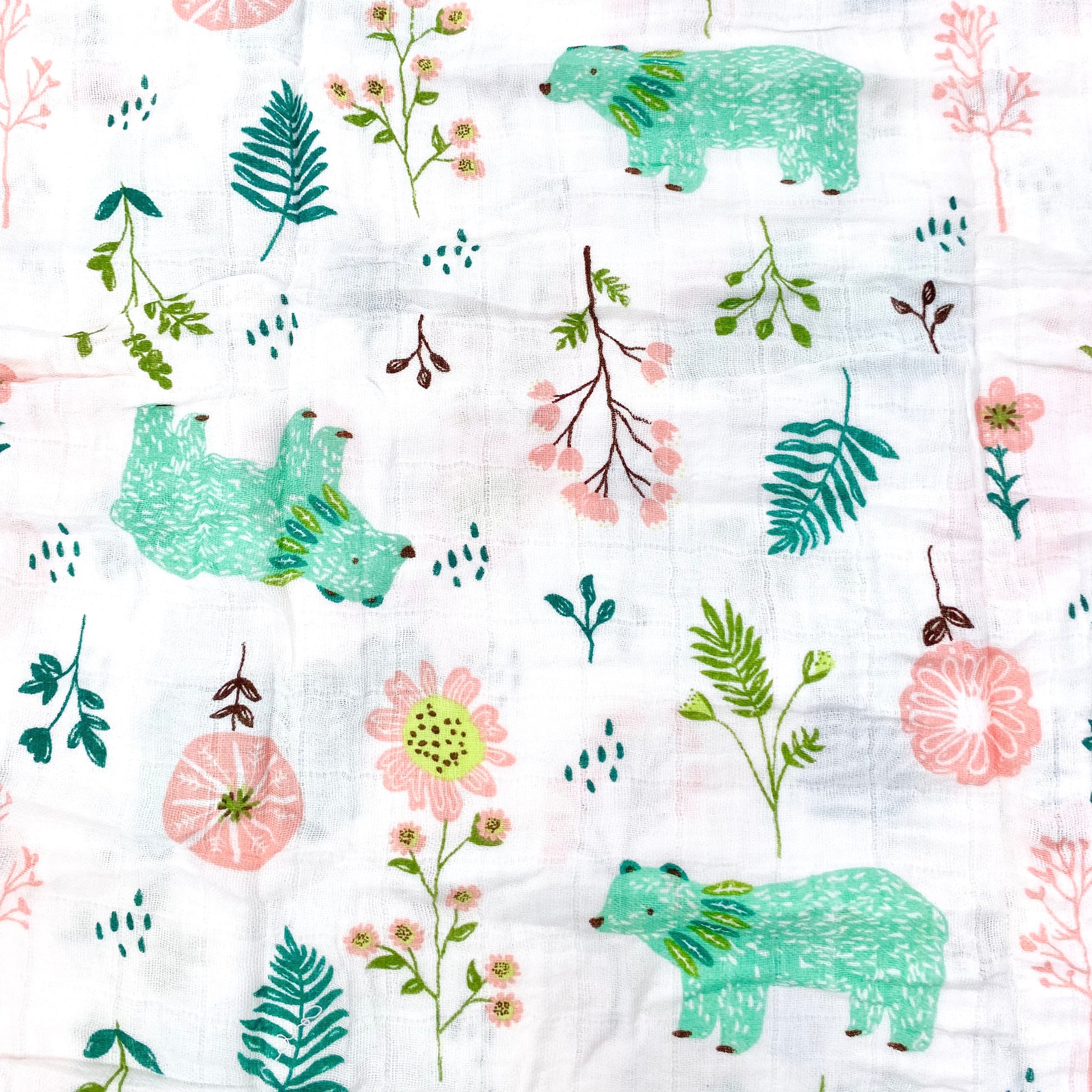 Close up pattern of a muslin swaddle blanket with a green bear design.