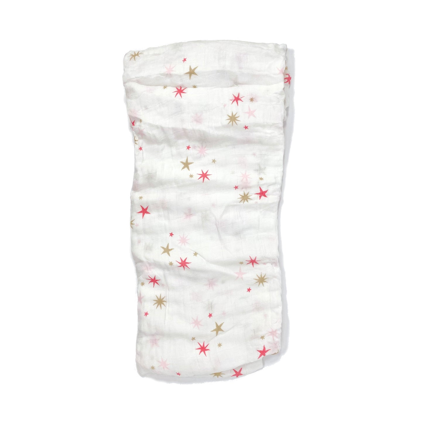A folded muslin swaddle blanket with a pink stars design.