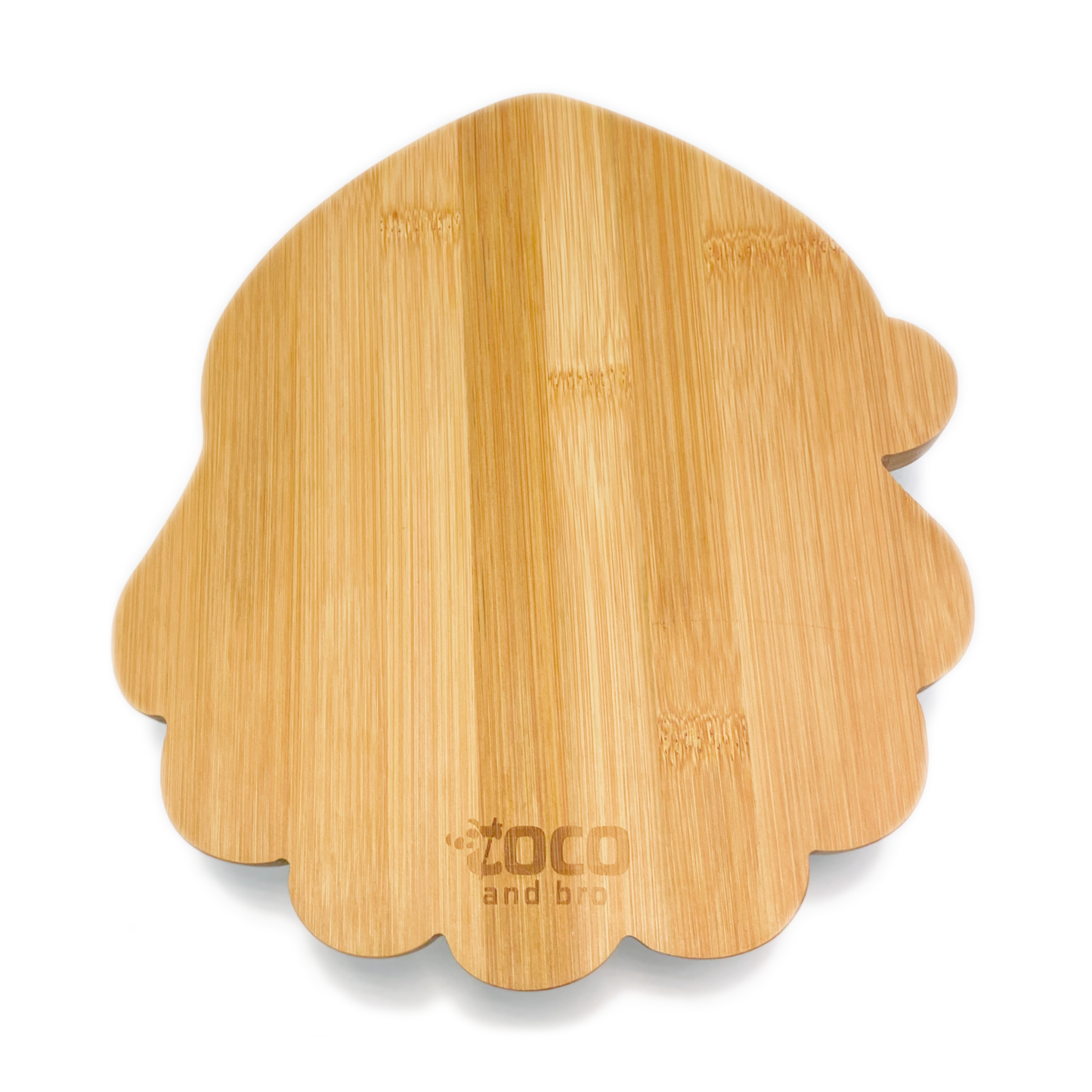 A festive children's bamboo plate in the shape of Santa/Father Christmas. The face of Santa/Father Christmas is engraved onto the plate with the message 'Merry Christmas’. Image shows the back of the plate.