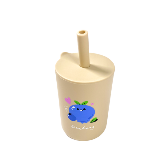 Beige Blueberry Silicone Cup with Lid and Straw