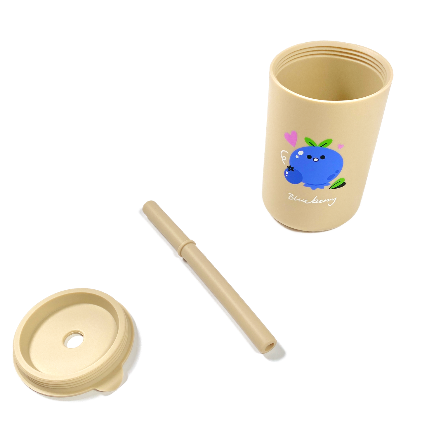 Beige Blueberry Silicone Cup with Lid and Straw