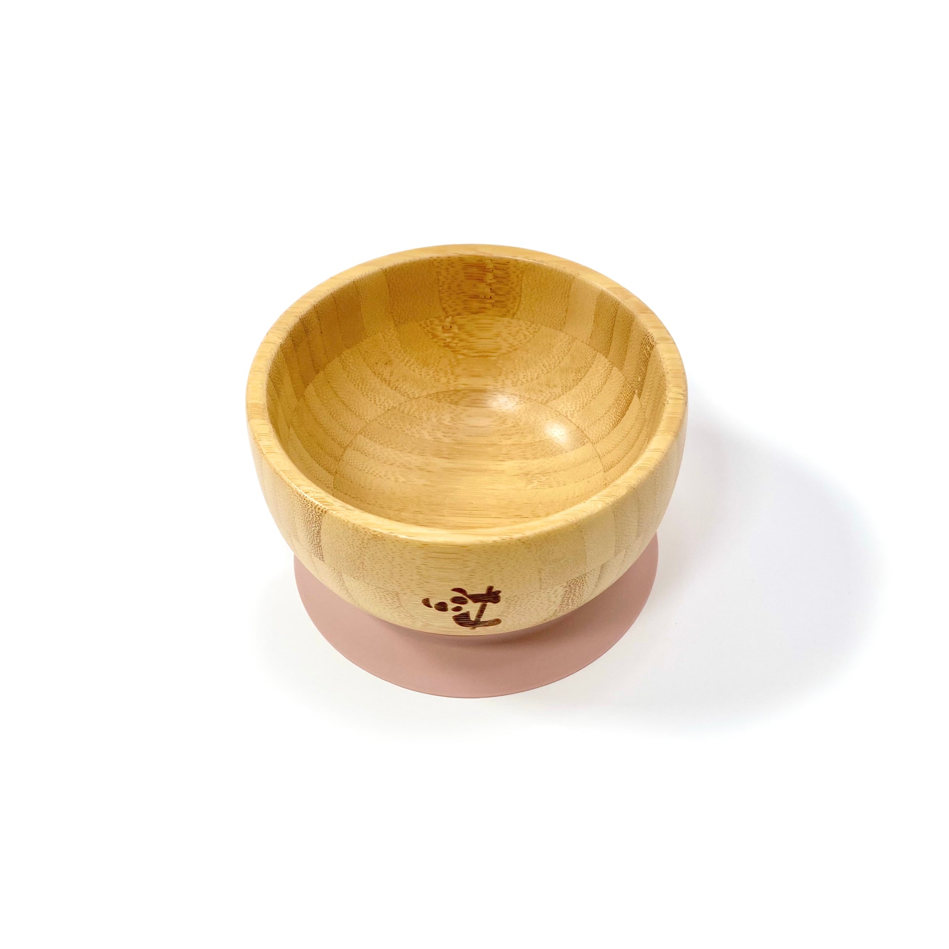 A children’s bamboo bowl with a blossom pink silicone suction ring.