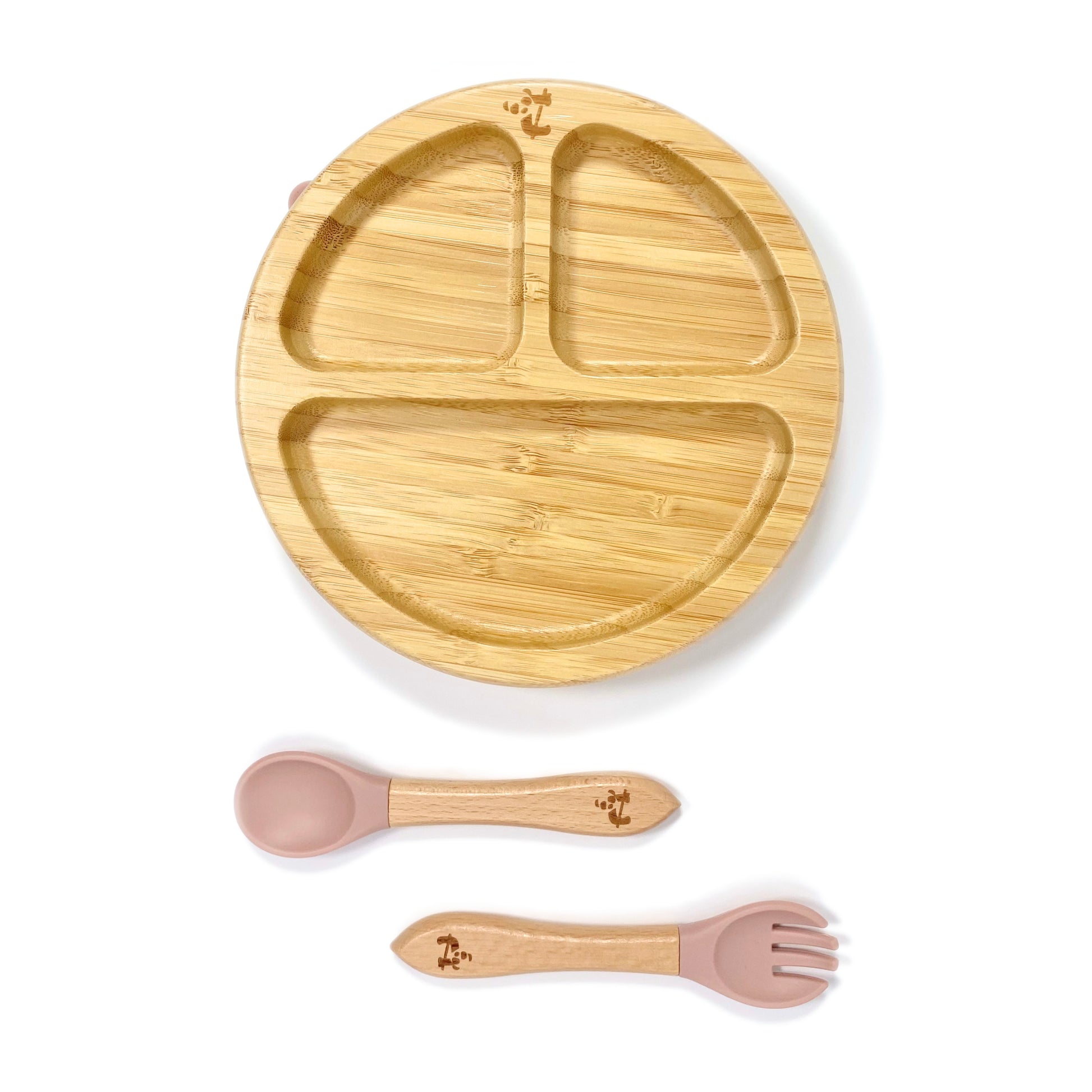 A children’s bamboo tableware set, including bamboo section plate with blossom pink silicone suction ring, and matching bamboo and silicone cutlery.