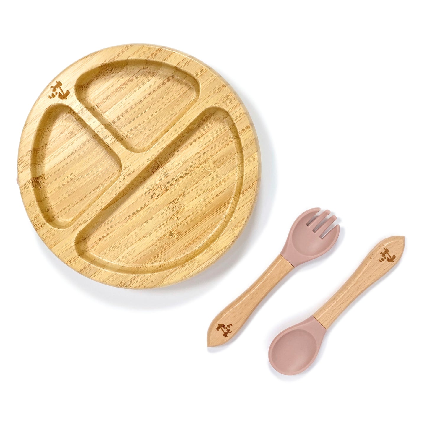 A children’s bamboo tableware set, including bamboo section plate with blossom pink silicone suction ring, and matching bamboo and silicone cutlery.