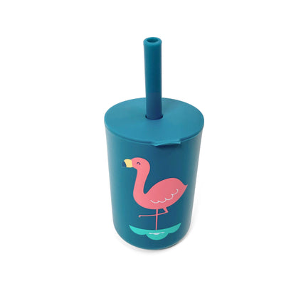 A children’s blue silicone drinking cup, with matching lid and straw, featuring a flamingo design. The image shows the cup with lid and straw attached.