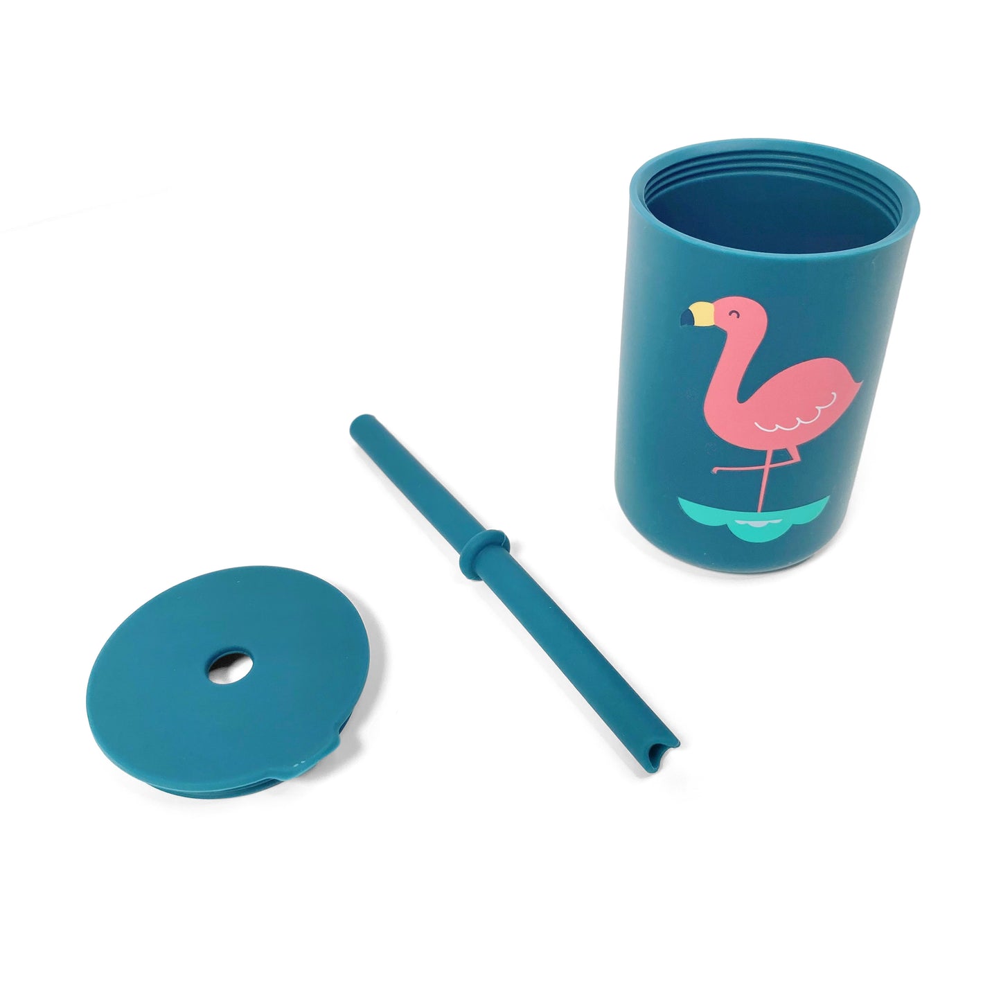 A children’s blue silicone drinking cup, with matching lid and straw, featuring a flamingo design. The image shows the cup, lid and straw separately. 