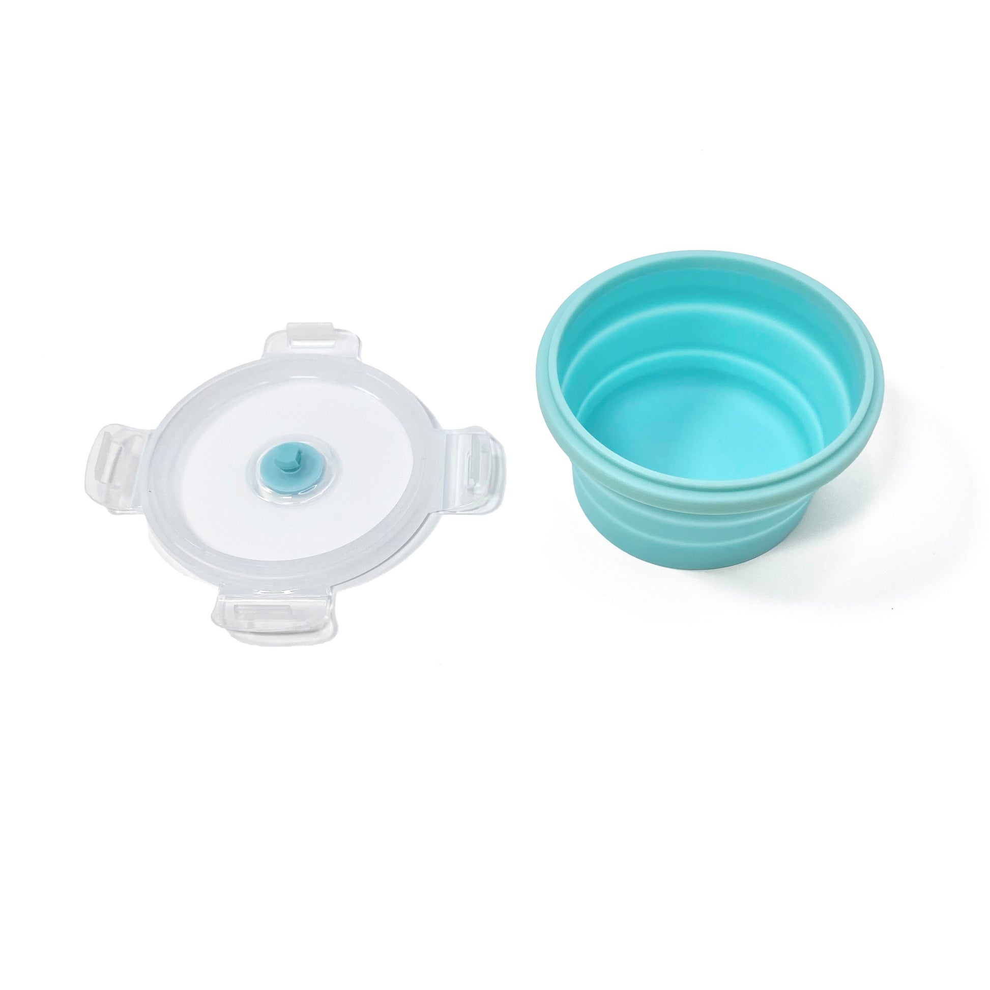 A collapsible blue circular silicone food storage tub with lid. Side view with the tub fully expanded and the lid removed.