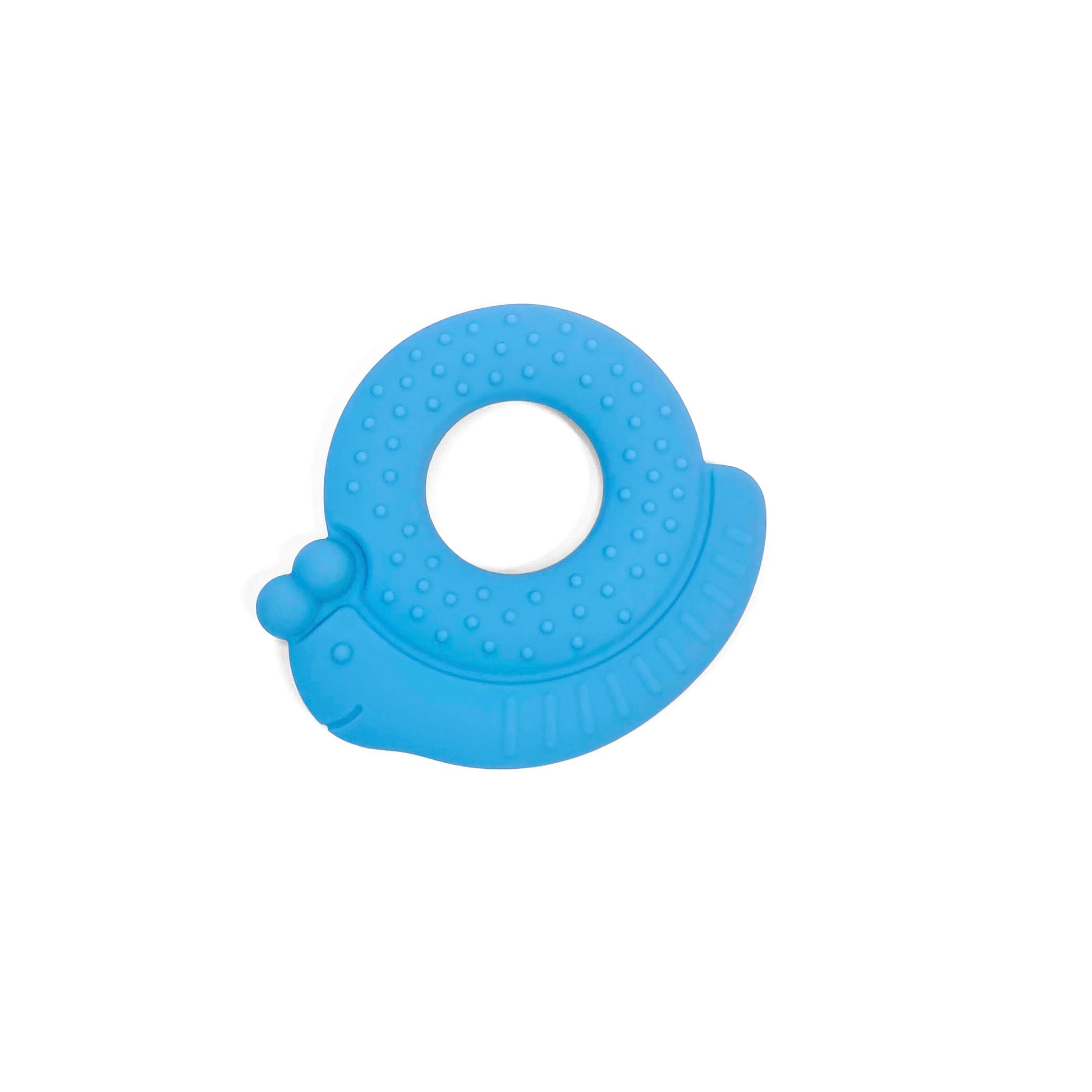 A children’s blue silicone teething toy, in a snail design.