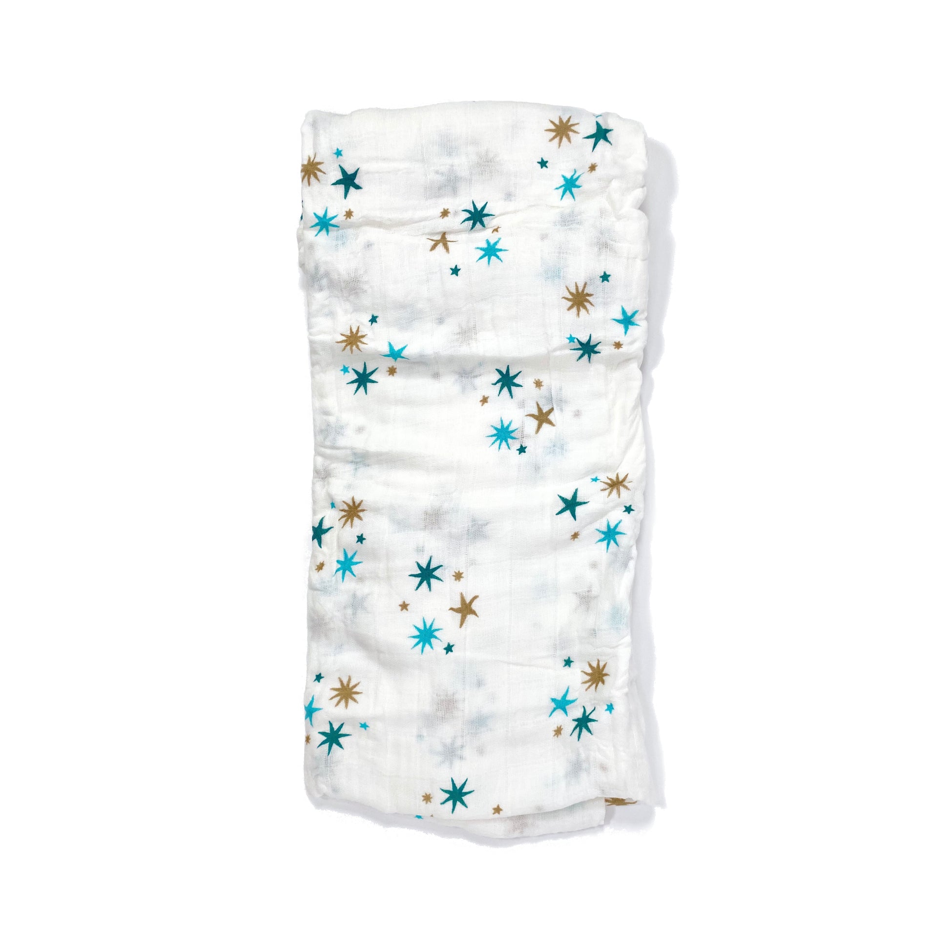 A folded muslin swaddle blanket with a blue stars design.