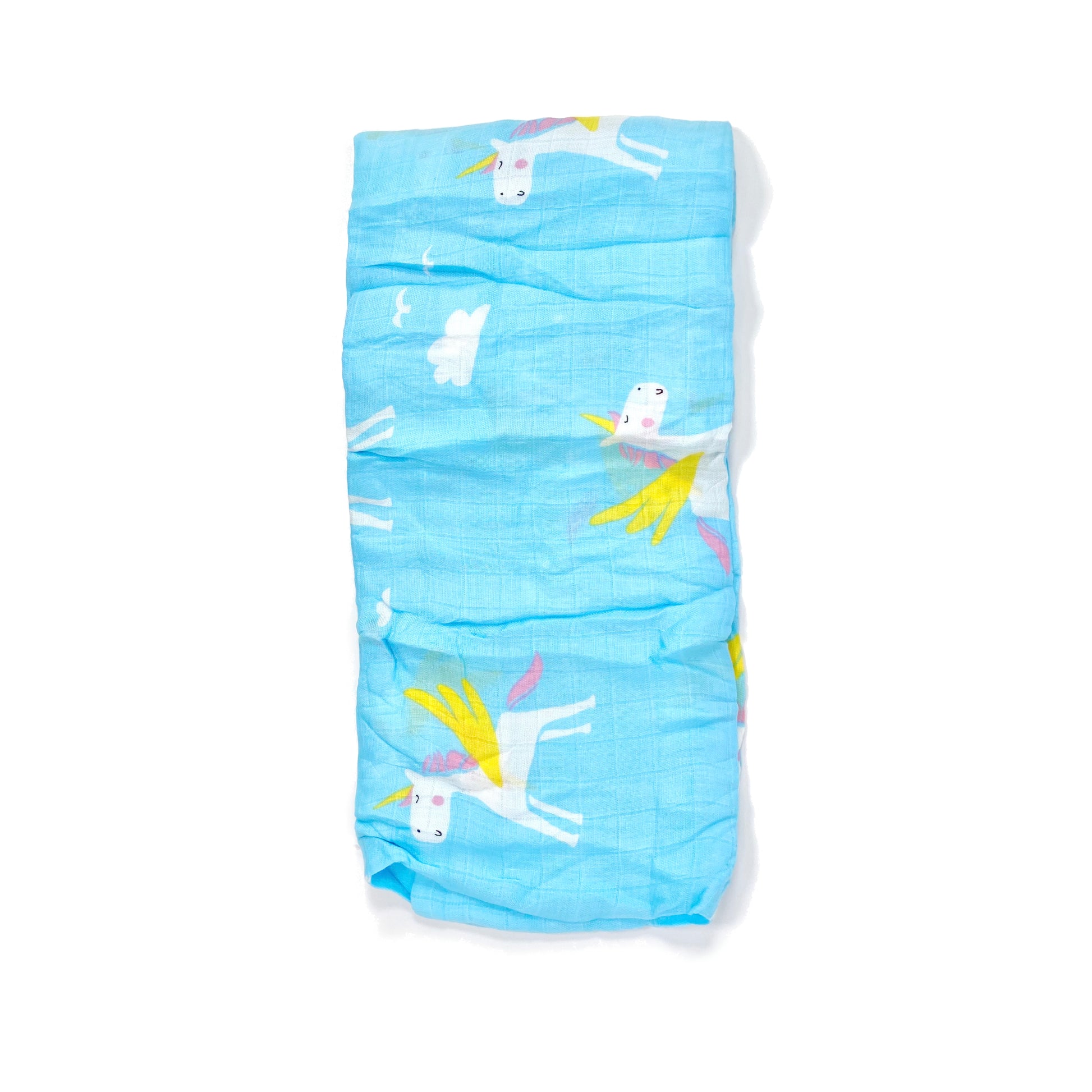 A folded blue muslin swaddle blanket with a unicorn design.