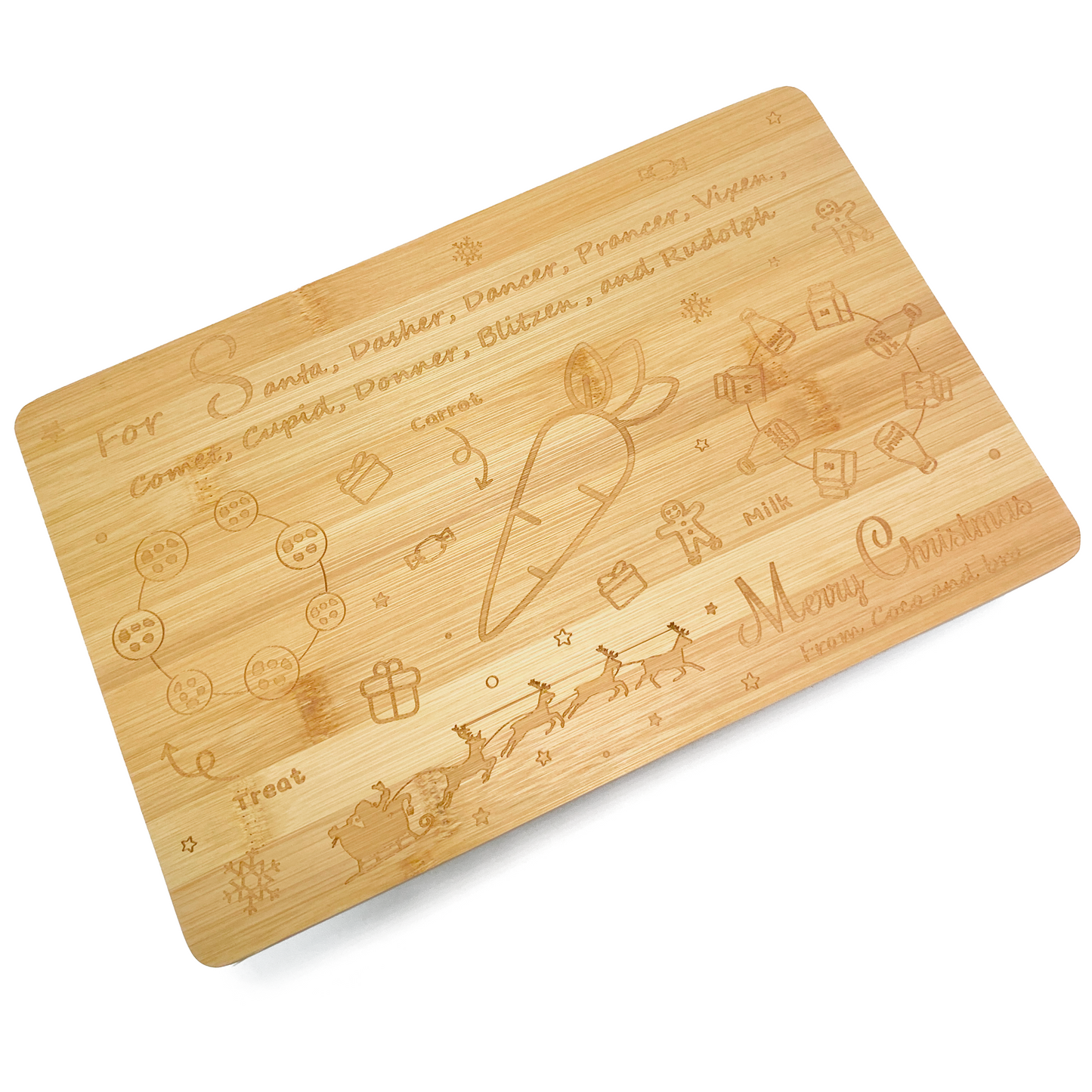 A festive bamboo board for children to leave treats for Santa/Father Christmas on Christmas Eve. A design is engraved into the board, featuring space for a treat, a glass of milk and a carrot for the reindeer. The message ‘Merry Christmas from Coco and bro’ is also engraved into the board.
