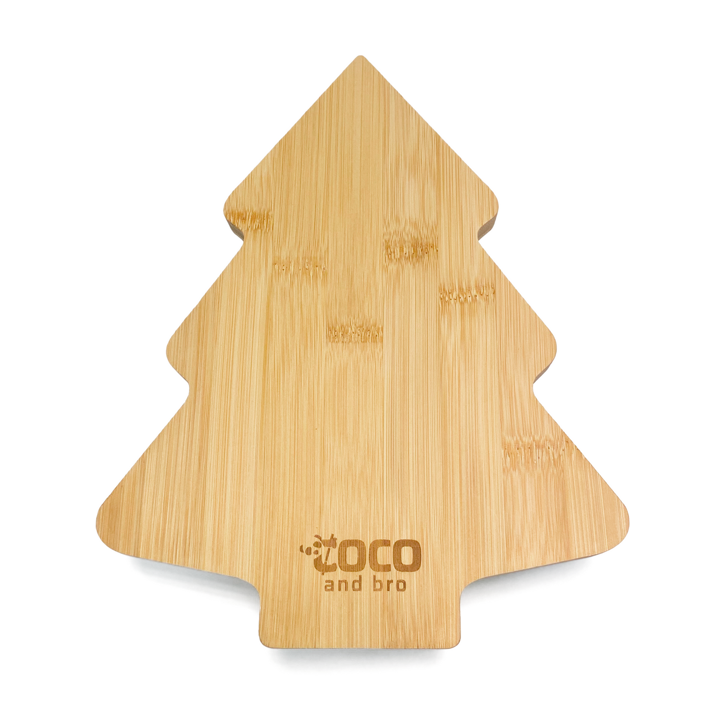 A festive children's bamboo plate in the shape of a Christmas tree. The message 'Merry Christmas’ is engraved into the plate. Image shows the back of the plate.