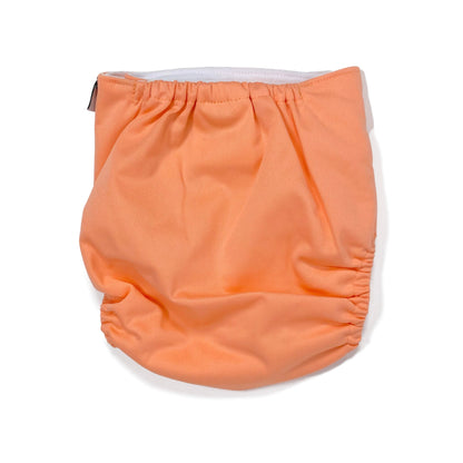An adjustable reusable nappy for babies and toddlers, in a bright coral colour. View shows the back of the nappy.