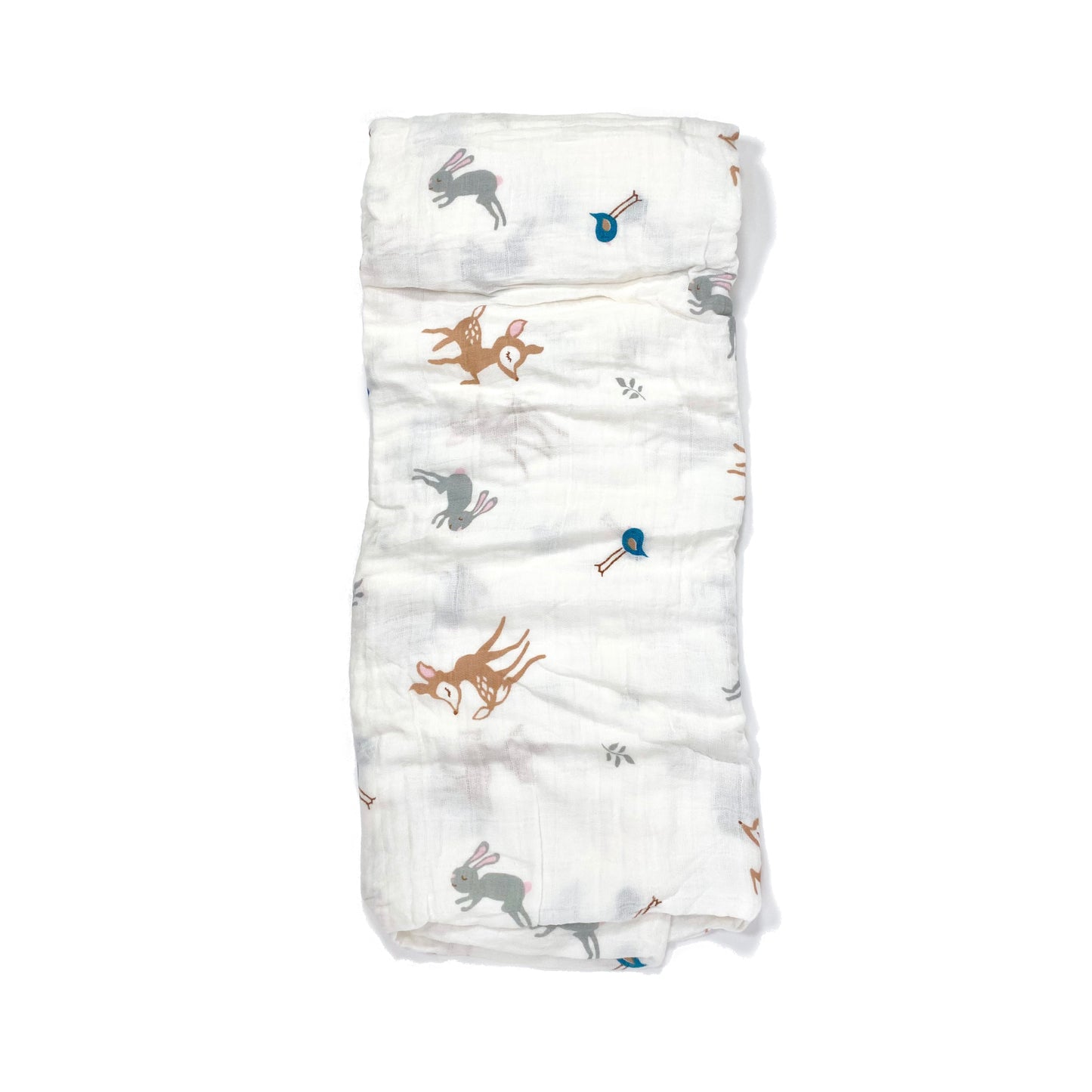 A folded muslin swaddle blanket with a cute woodland design.