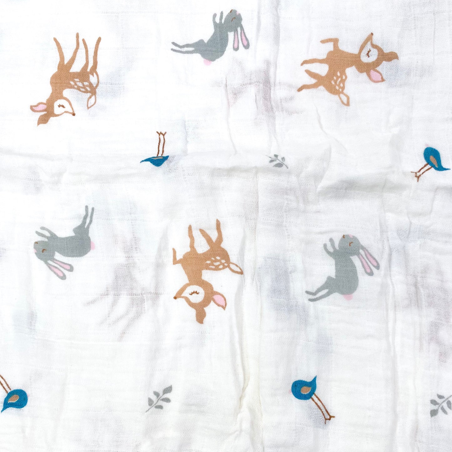 Close up pattern of a muslin swaddle blanket with a cute woodland animals design.