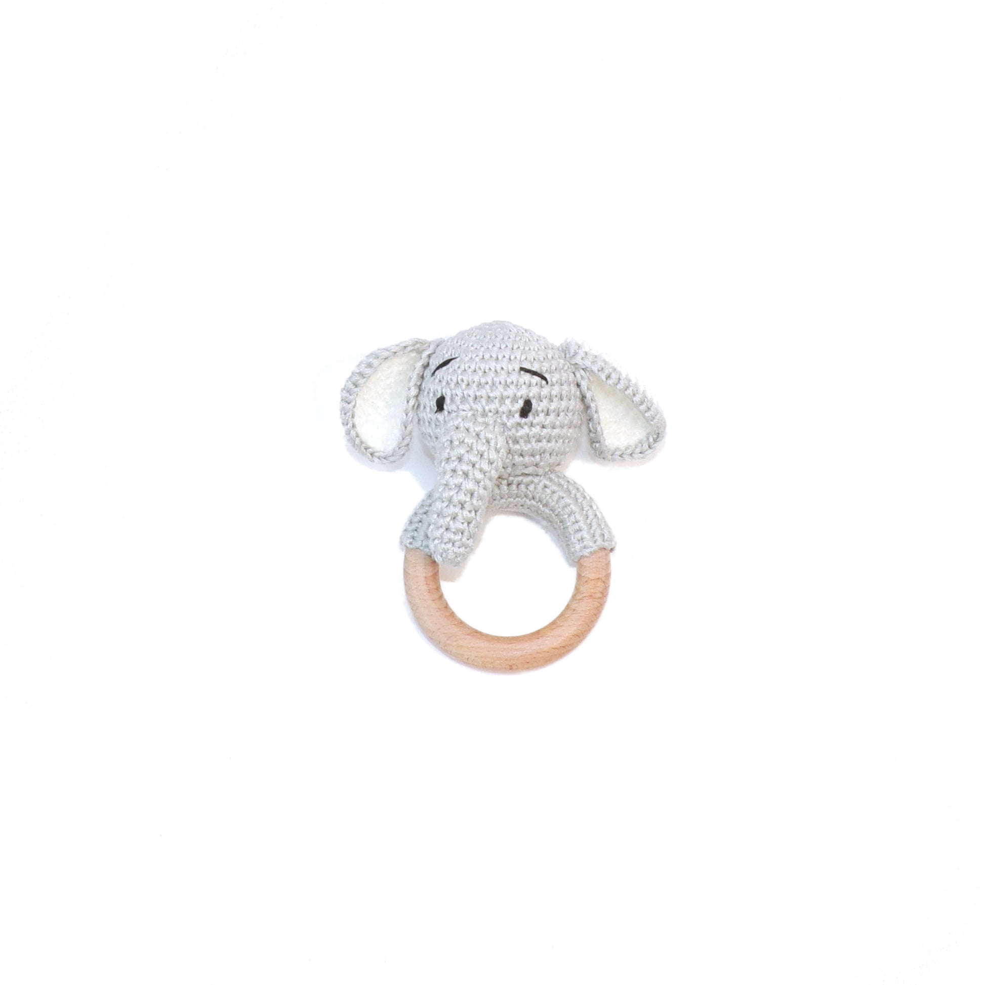 Baby rattle in an elephant design, made from wool and bamboo.