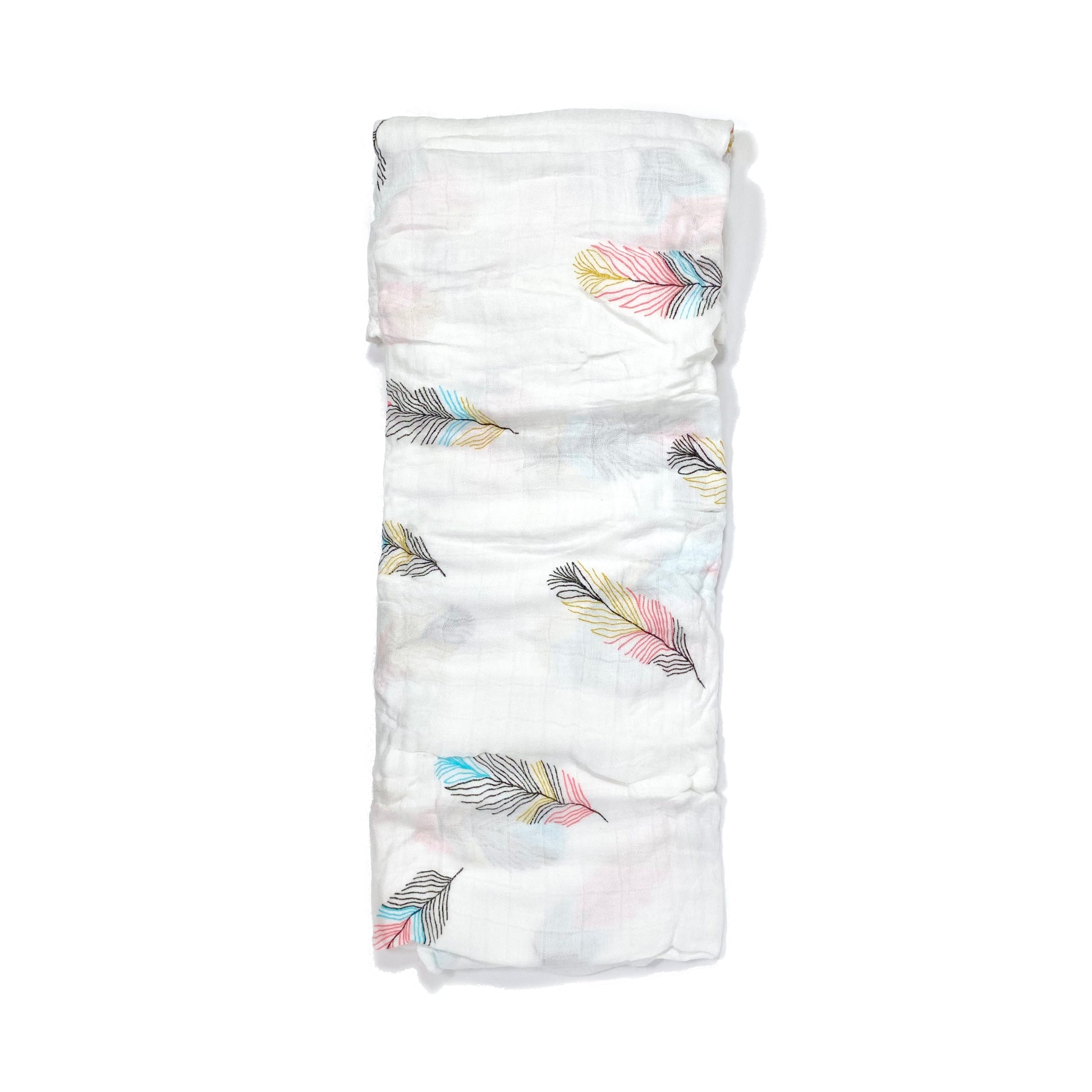 A folded muslin swaddle blanket with a feathers design.