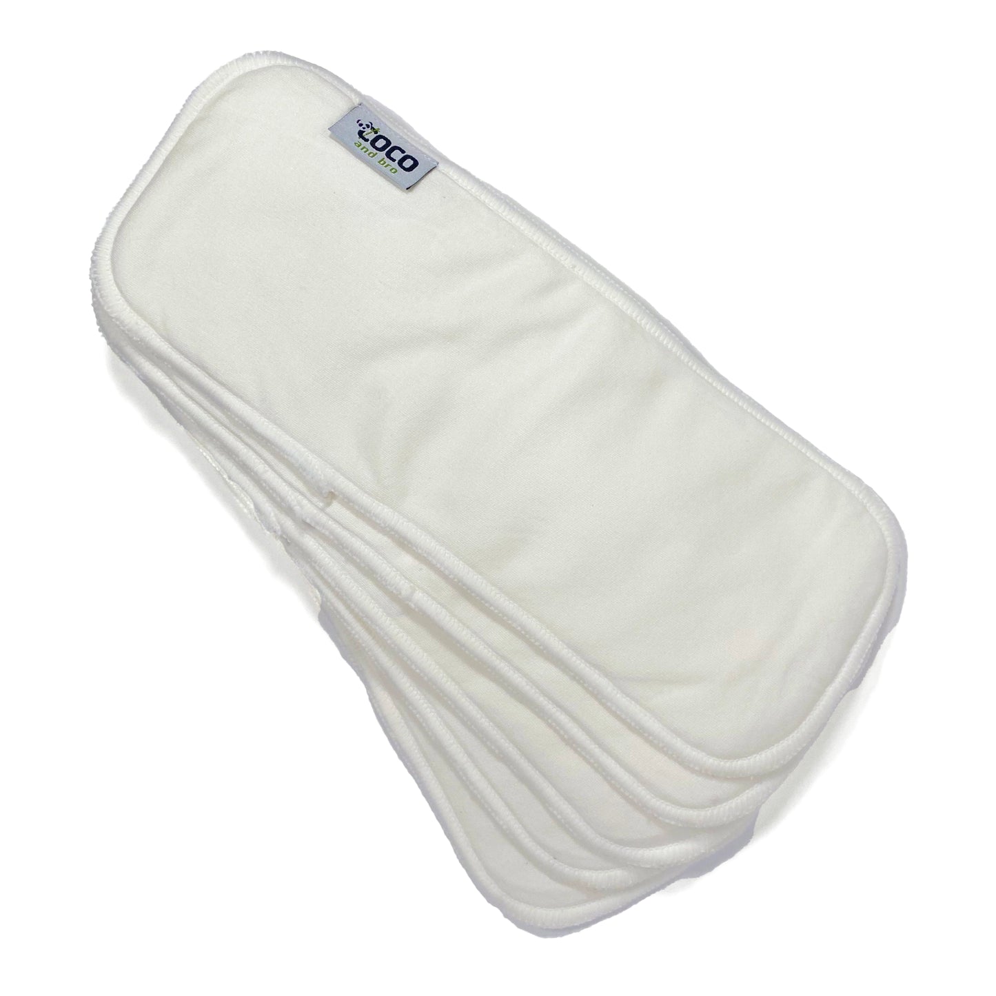 Image shows five nappy inserts made from a blend of two layers of luxuriously soft bamboo fibres and two layers of ultra-absorbent microfibre.