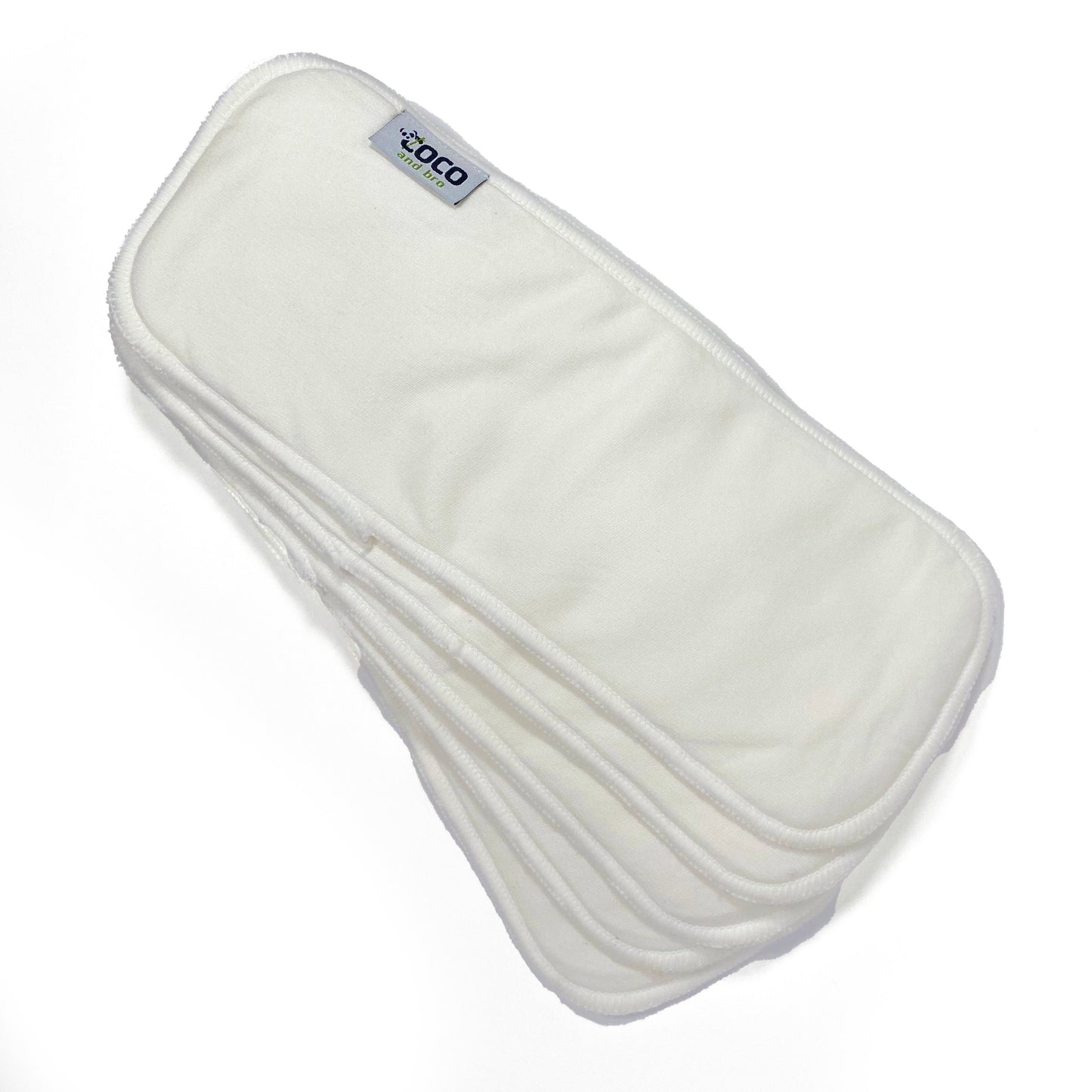 A set of five reusable nappy inserts/liners, crafted with care from a blend of two layers of luxuriously soft bamboo fibres and two layers of ultra-absorbent microfibre.