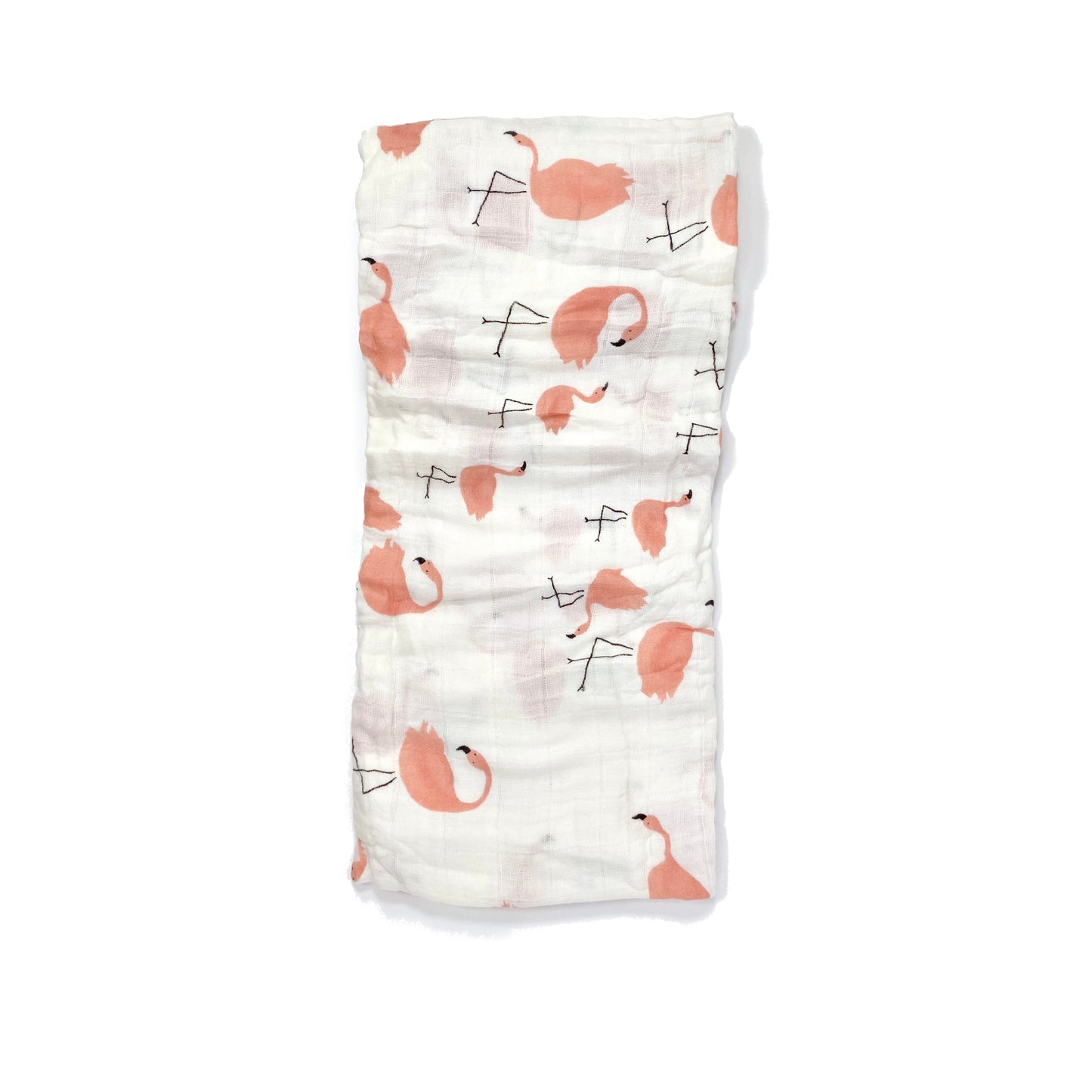 A folded muslin swaddle blanket with a flamingo design.
