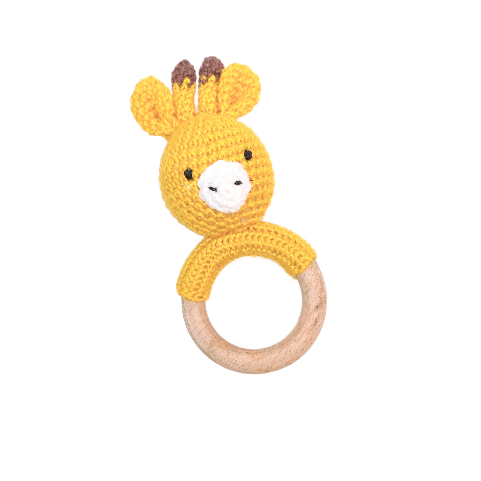 Baby rattle in a giraffe design, made from wool and bamboo.