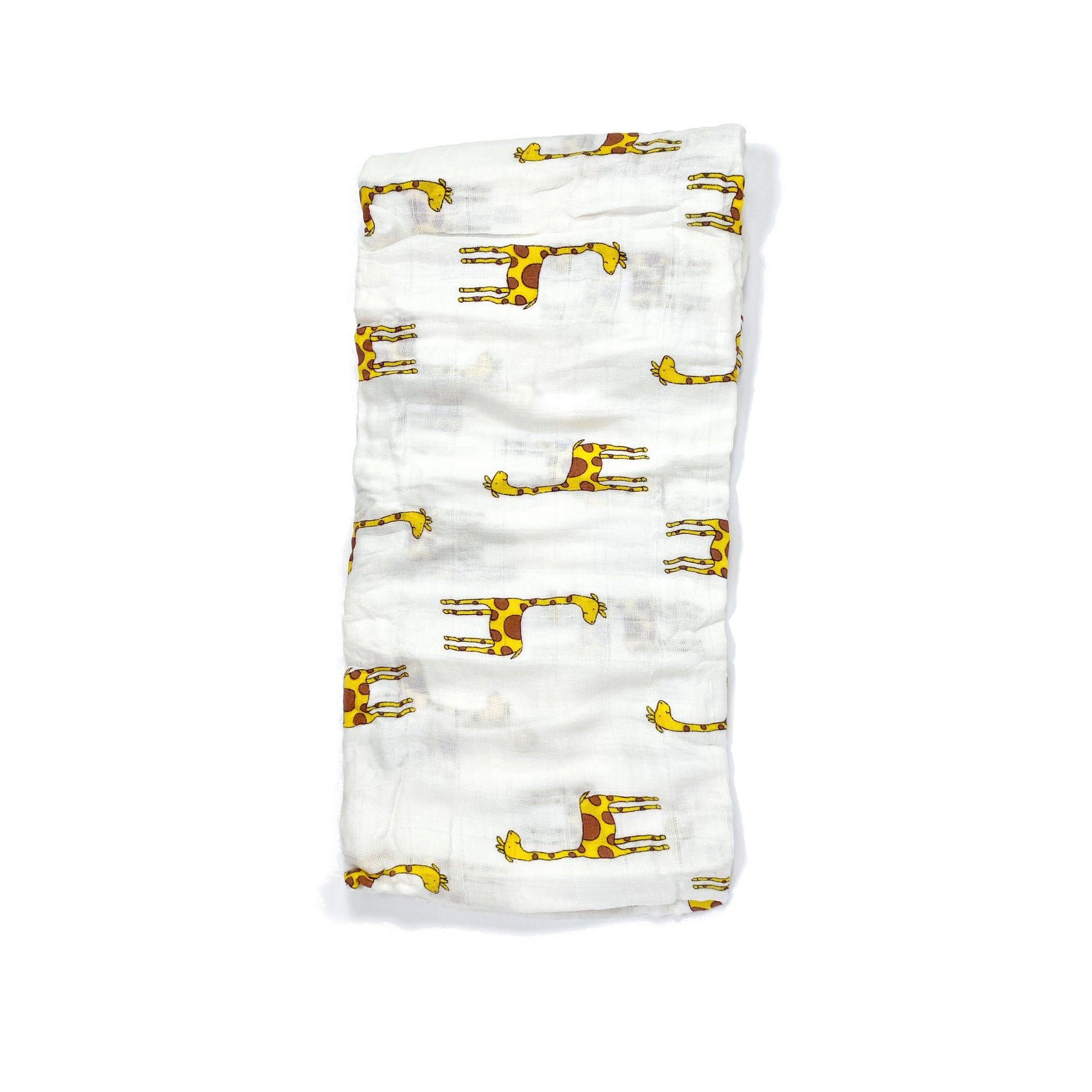 A folded muslin swaddle blanket with a giraffe design.
