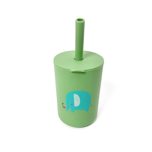 A children’s green silicone drinking cup, with matching lid and straw, featuring an elephant design. The image shows the cup with lid and straw attached.