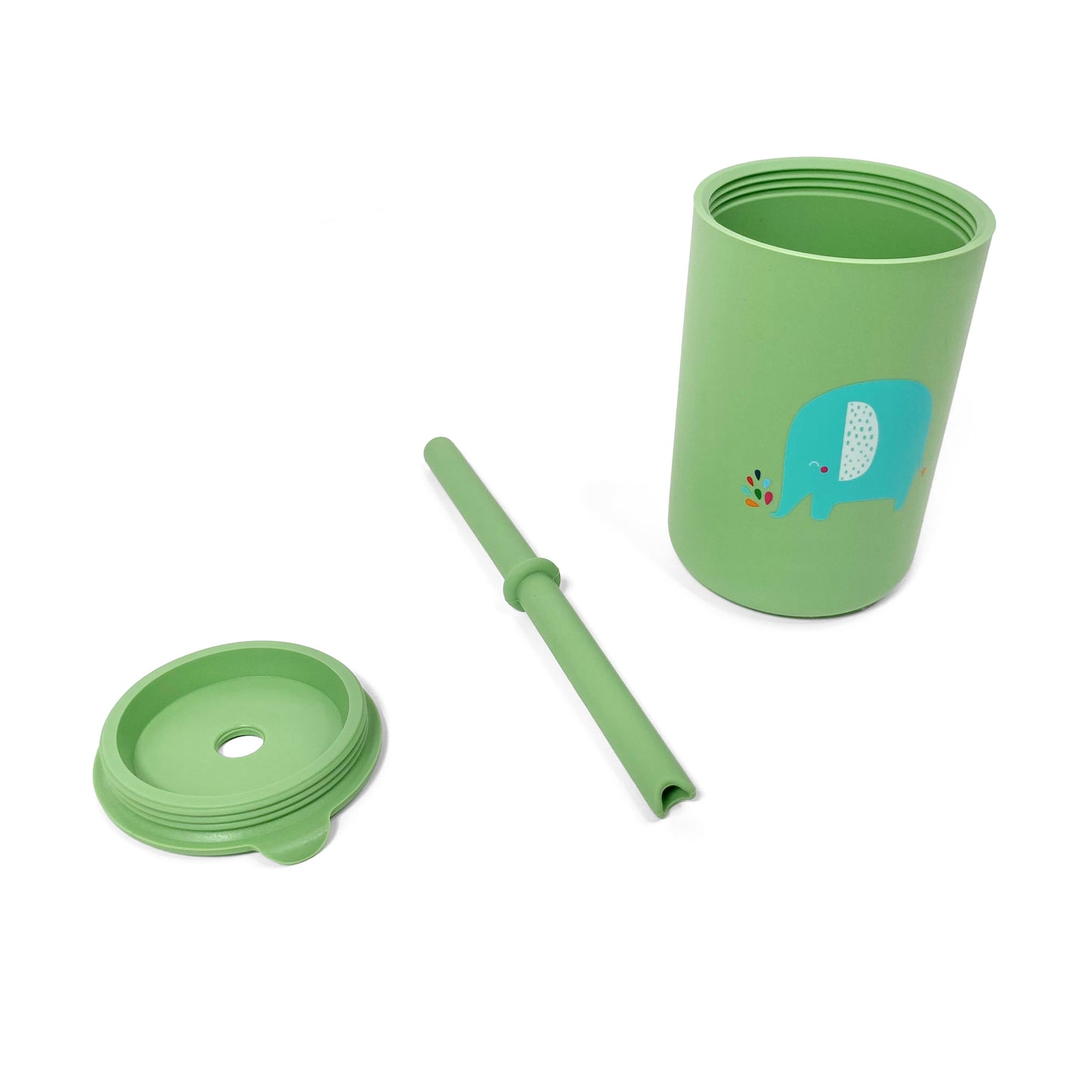 A children’s green silicone drinking cup, with matching lid and straw, featuring an elephant design. The image shows the cup, lid and straw separately.