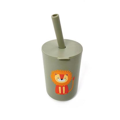 A children’s green silicone drinking cup, with matching lid and straw, featuring a lion design. The image shows the cup with lid and straw attached.