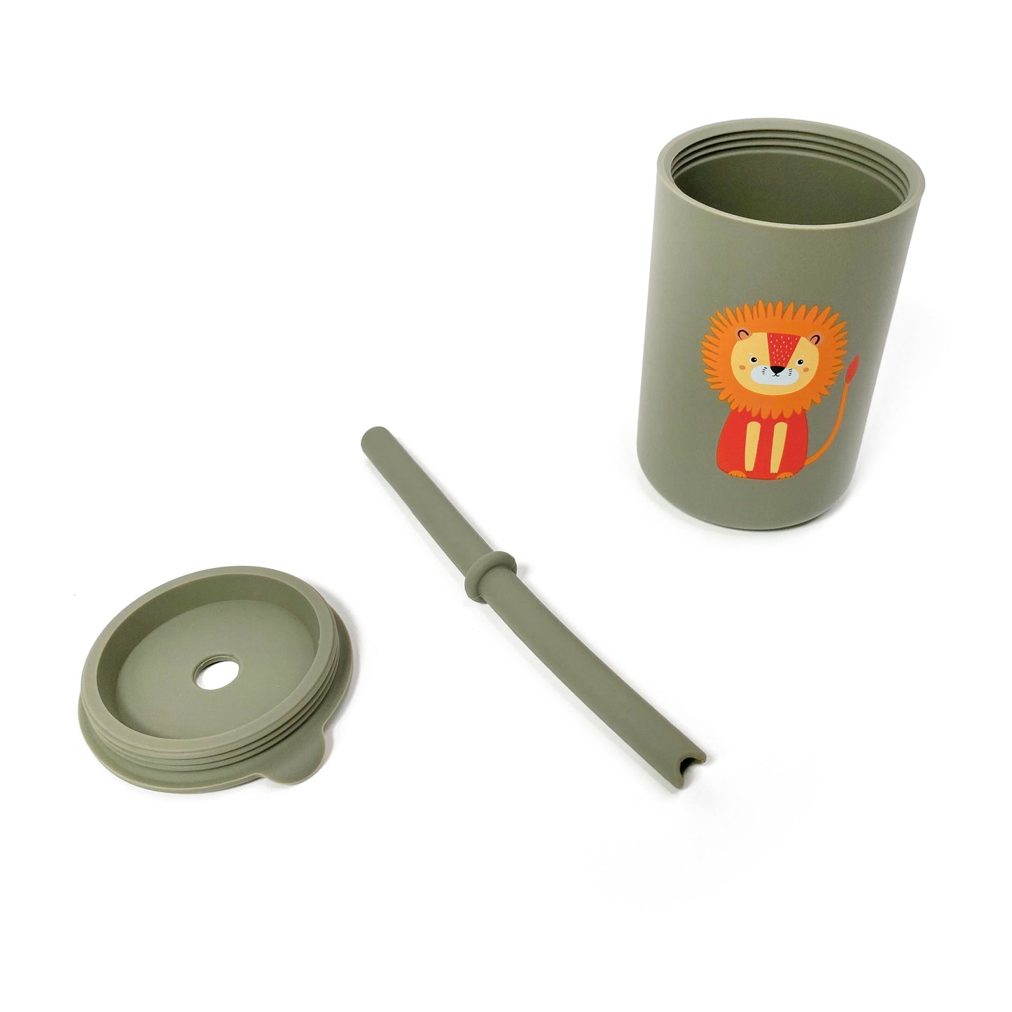 A children’s green silicone drinking cup, with matching lid and straw, featuring a lion design. The image shows the cup, lid and straw separately.