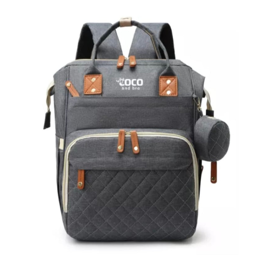 A grey backpack for parents, featuring multiple storage solutions for all of baby’s essentials. Each backpack has multiple pockets, including a separate zipped compartment which is perfect for storing smaller items, such as dummies.