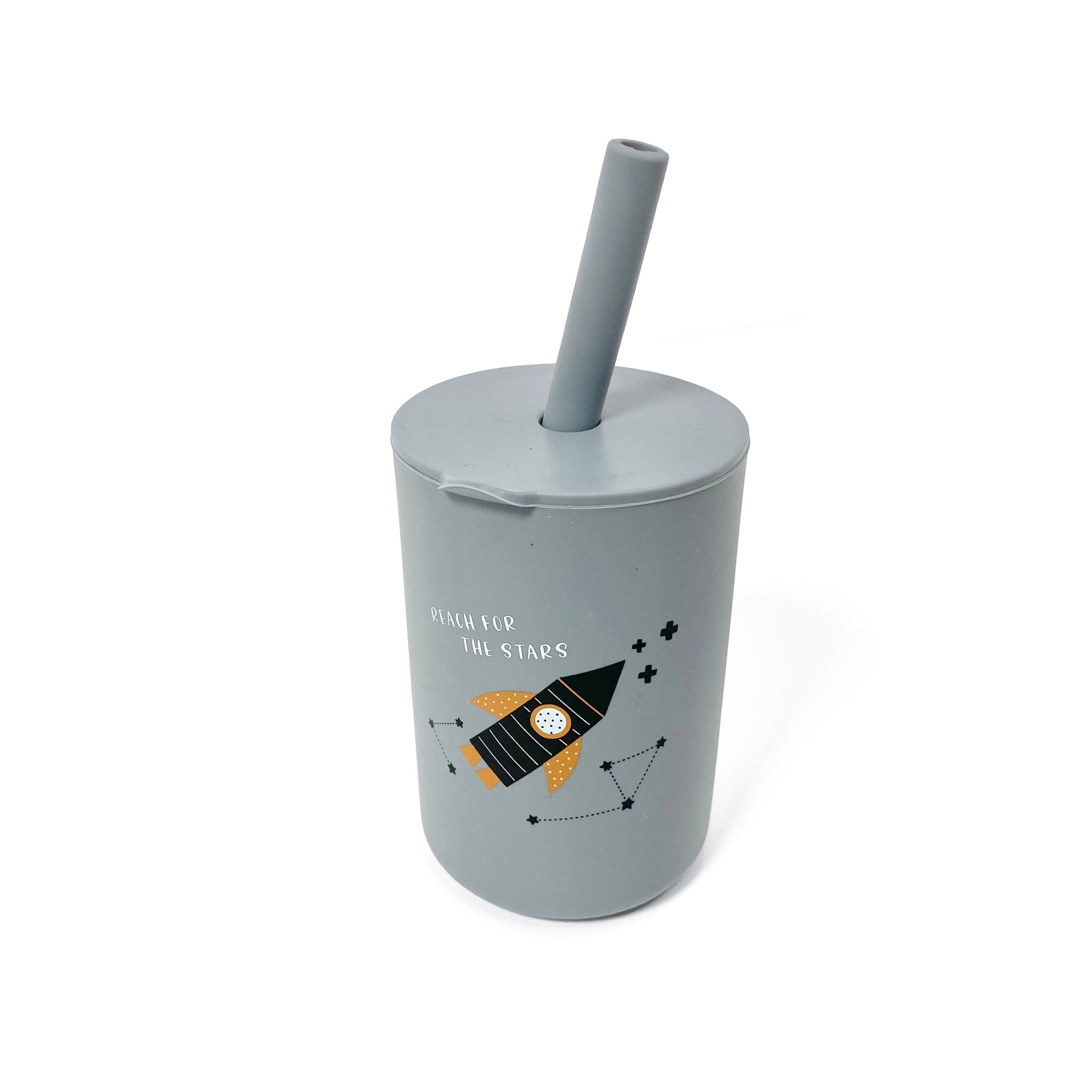 A children’s grey silicone drinking cup, with matching lid and straw, featuring a rocket design. The image shows the cup with lid and straw attached.