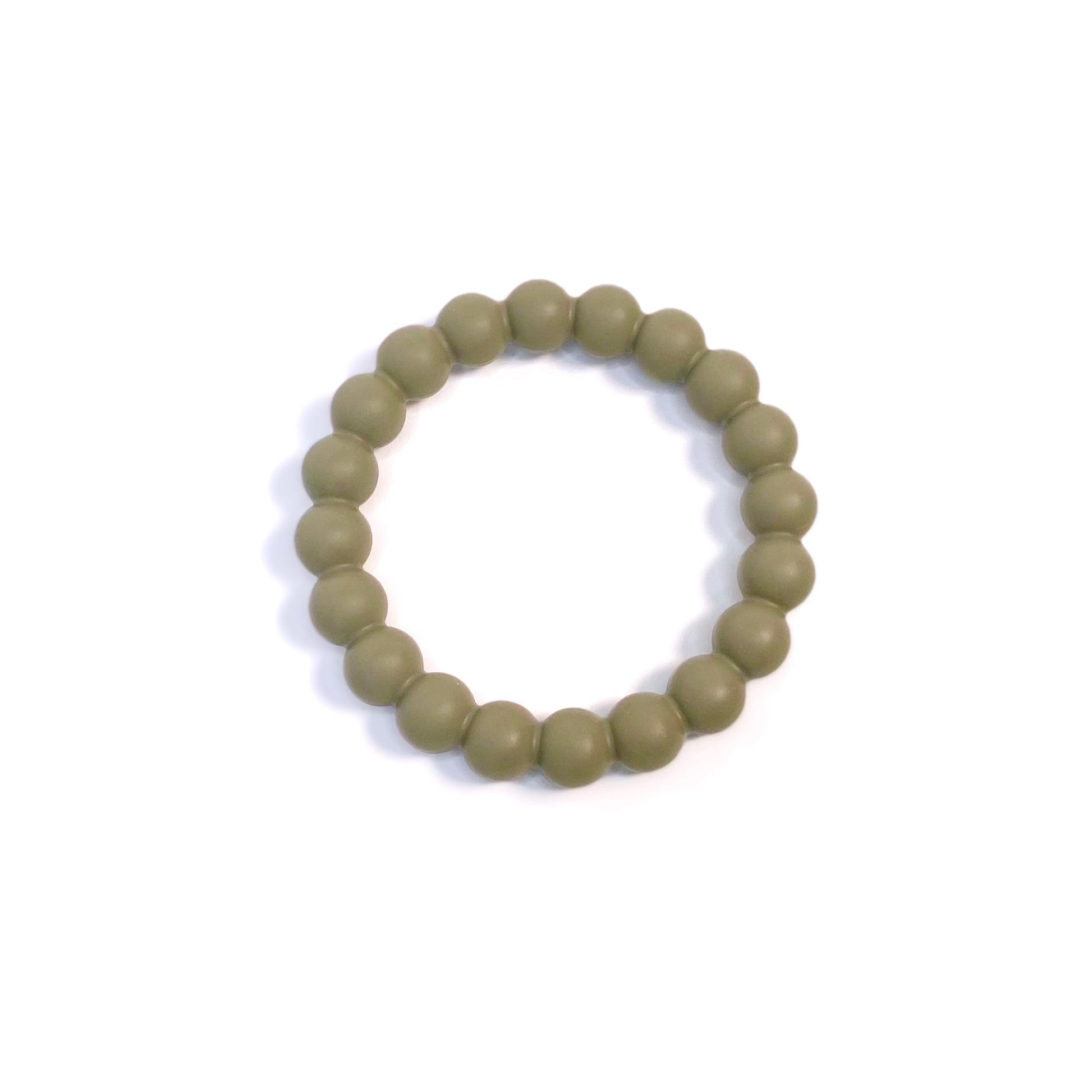 A green beaded silicone teething ring. Can be worn as a bracelet.