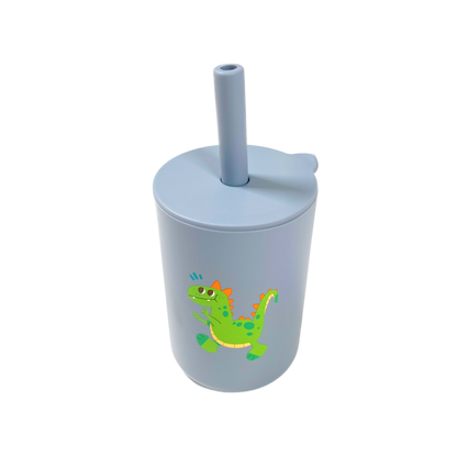Light Blue Dinosaur Silicone Cup with Lid and Straw