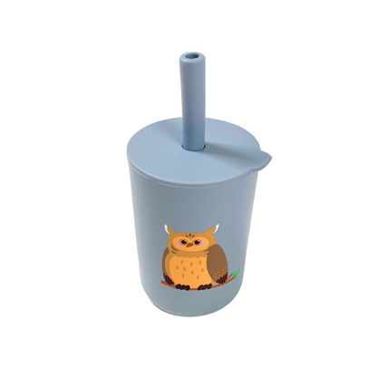Light Blue Owl Silicone Cup with Lid and Straw