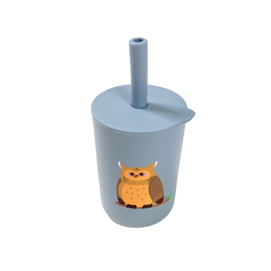 Light Blue Owl Silicone Cup with Lid and Straw