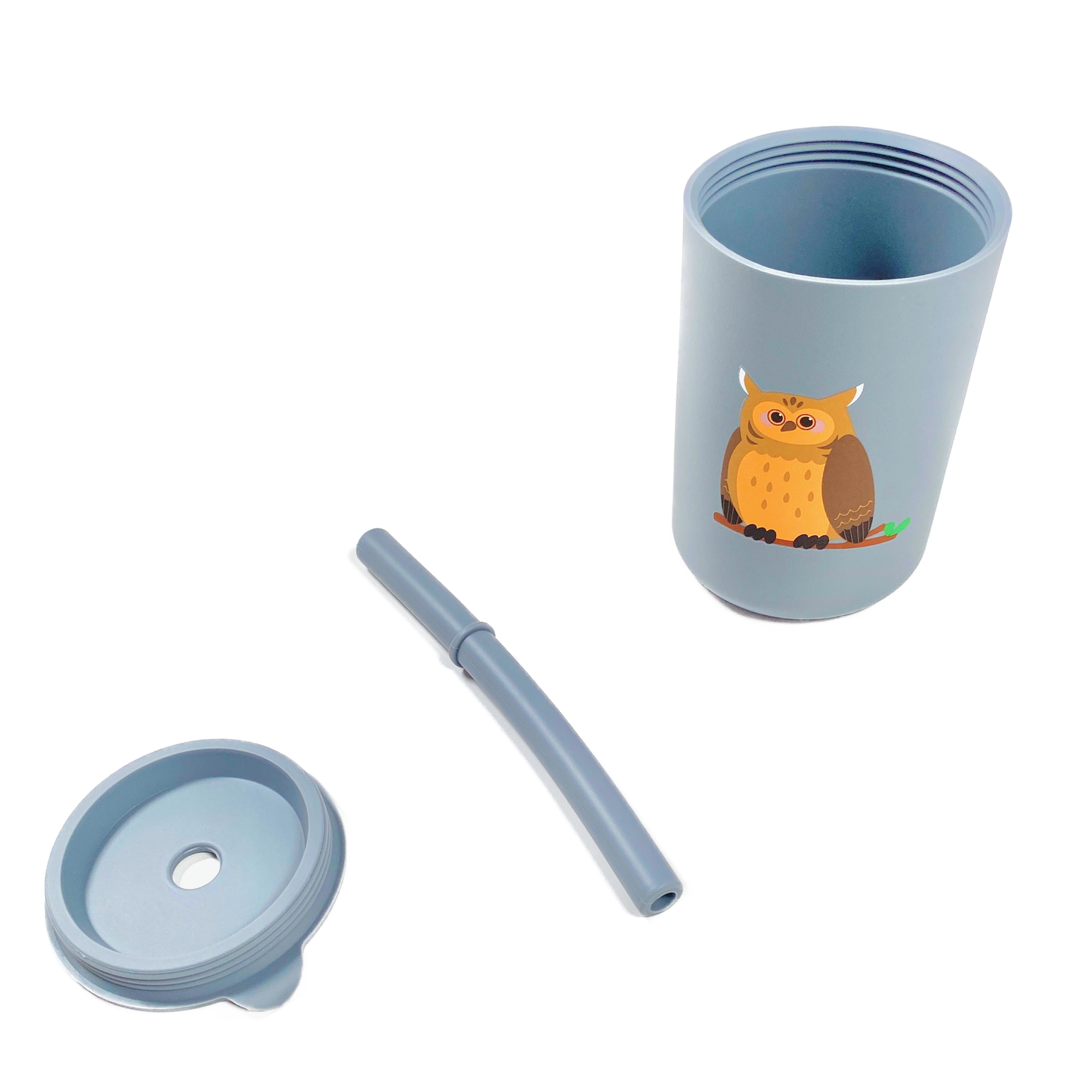 Light Blue Owl Silicone Cup with Lid and Straw