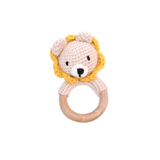 Baby rattle in a lion design, made from wool and bamboo.