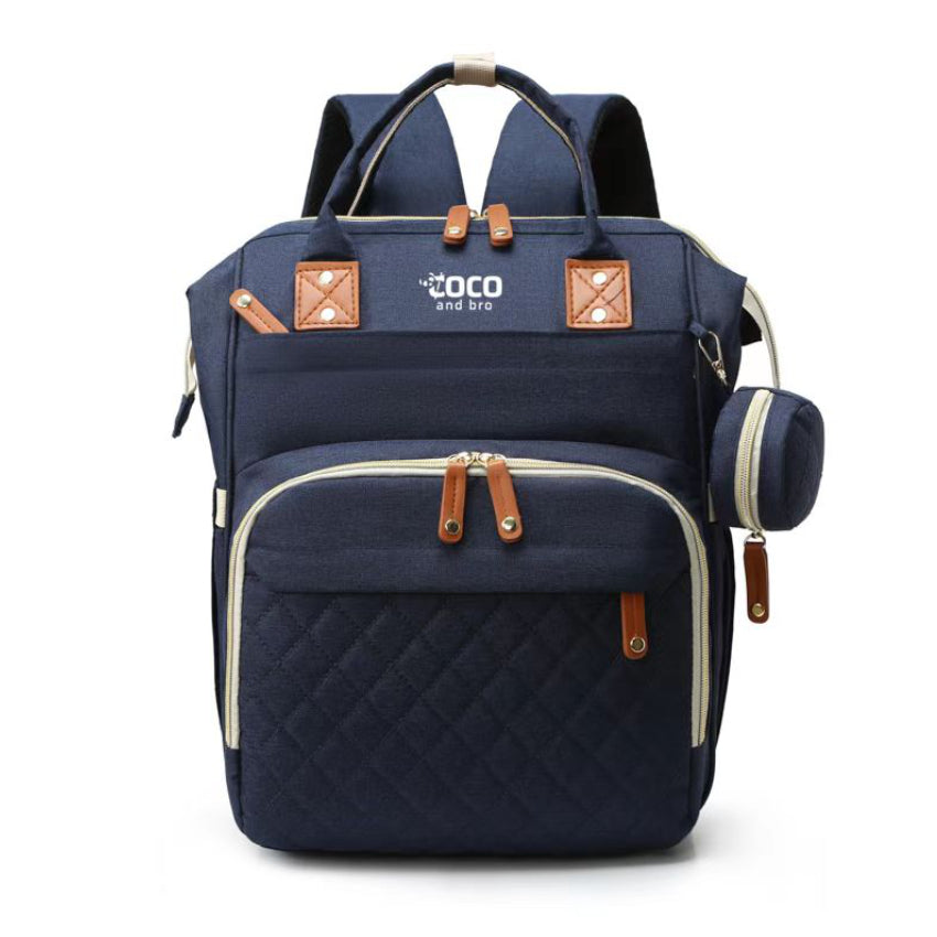 A navy blue backpack for parents, featuring multiple storage solutions for all of baby’s essentials. Each backpack has multiple pockets, including a separate zipped compartment which is perfect for storing smaller items, such as dummies.