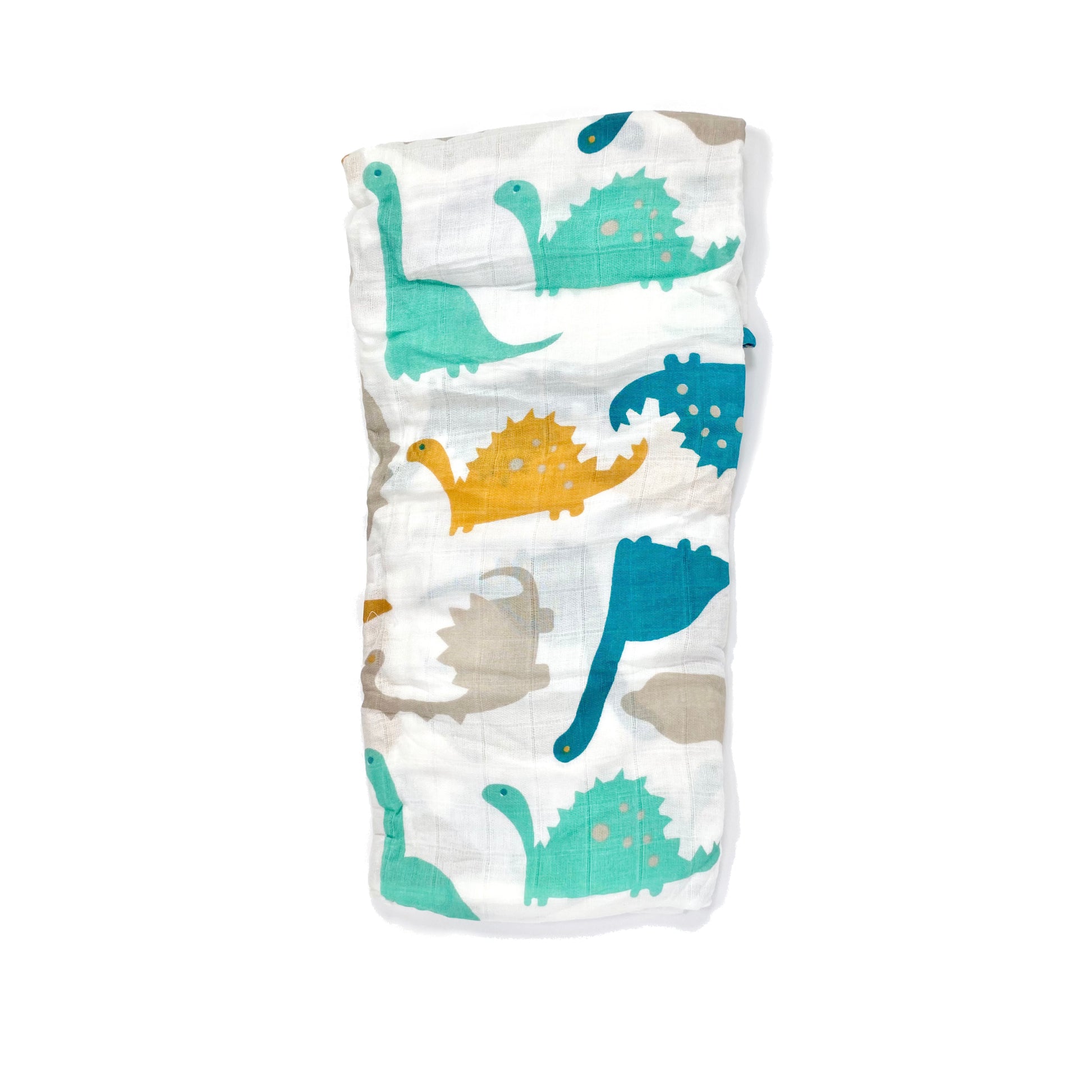 A folded muslin swaddle blanket with a neutral dinosaur design.