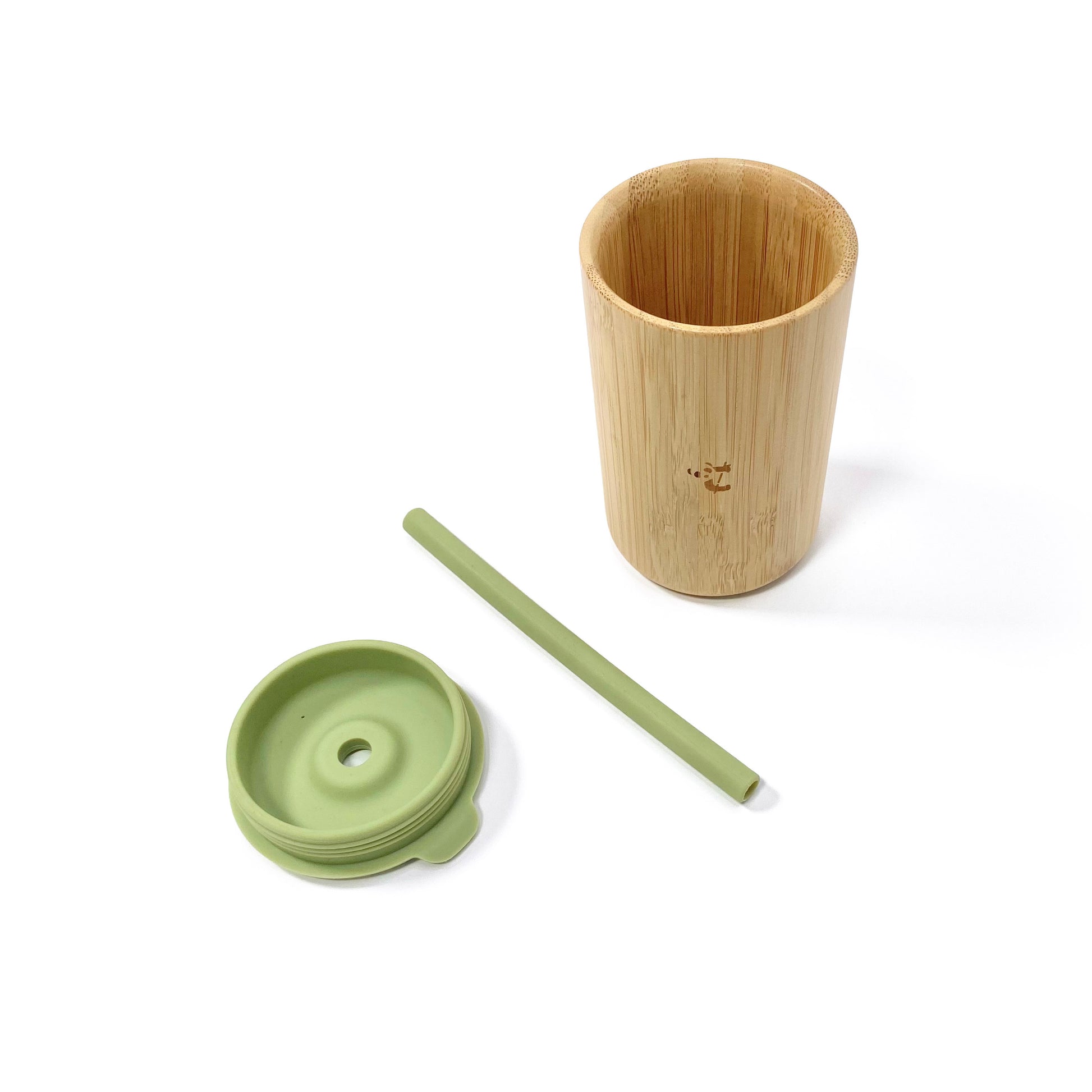 A children’s bamboo drinking cup, with an olive green silicone lid and matching straw. View shows the cup, lid and straw separately.