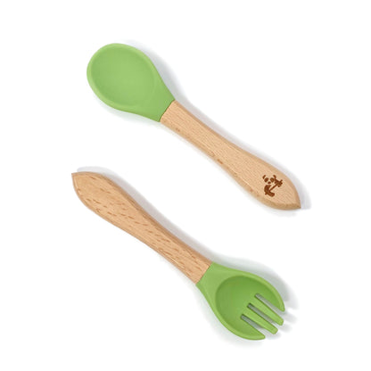 A set of children’s bamboo and silicone cutlery, in olive green colour.