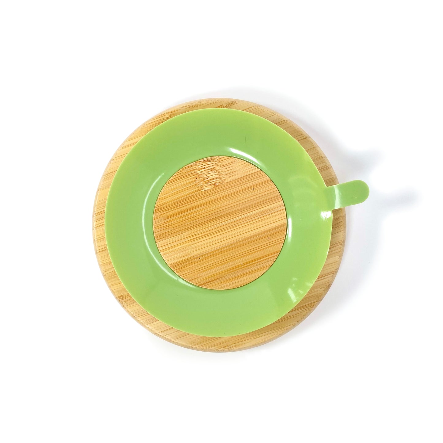 A children’s bamboo section plate with olive green silicone suction ring on the base. Back view, featuring the olive green silicone suction ring.