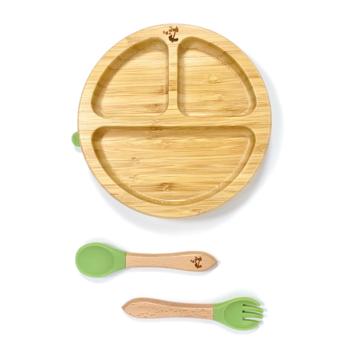A children’s bamboo tableware set, including bamboo section plate with olive green silicone suction ring, and matching bamboo and silicone cutlery.
