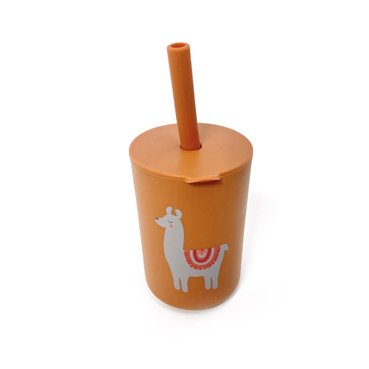 A children’s orange silicone drinking cup, with matching lid and straw, featuring a llama design. The image shows the cup with lid and straw attached.