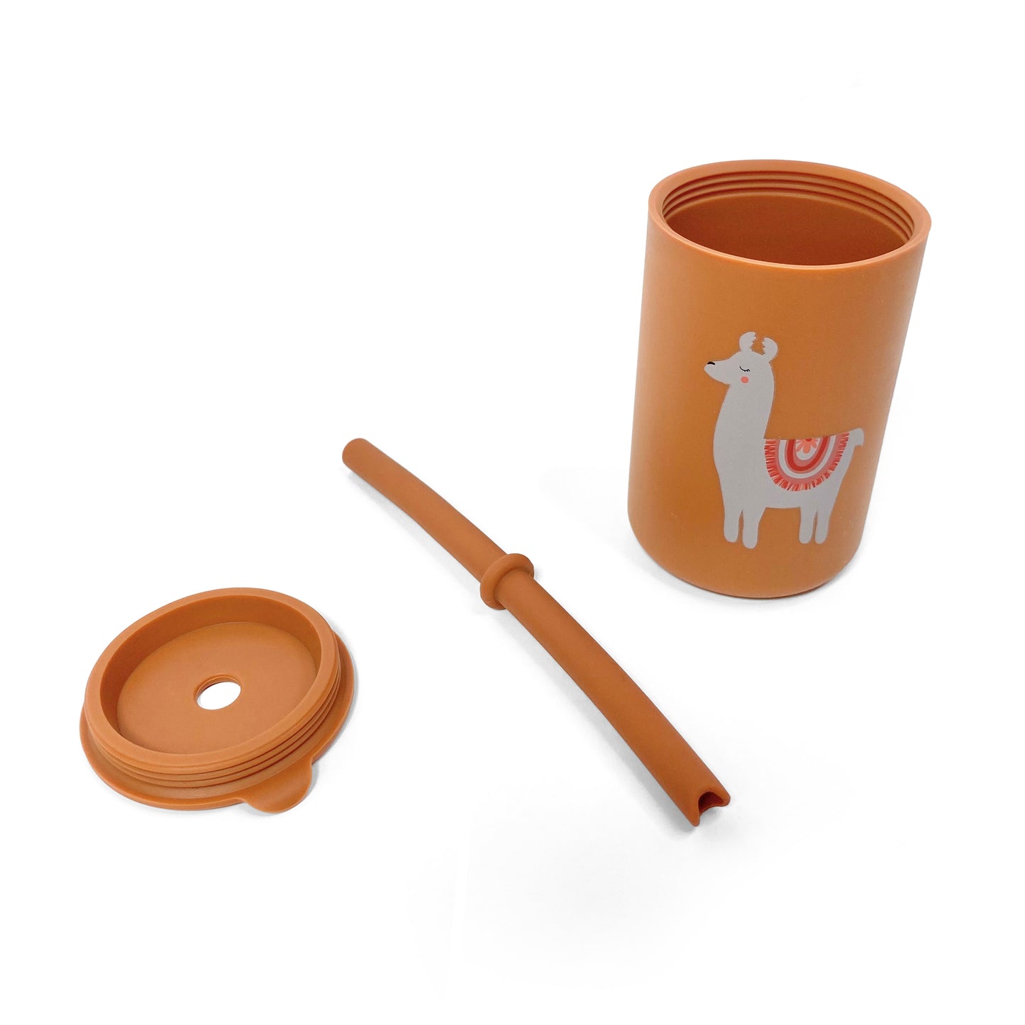 A children’s orange silicone drinking cup, with matching lid and straw, featuring a llama design. The image shows the cup, lid and straw separately.